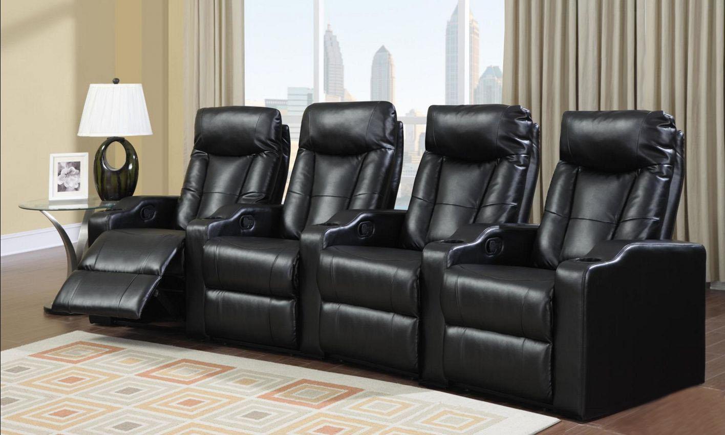 

    
Black Bonded Leather Reclining Home Theater Seating Row of 4 Seats w Cupholders
