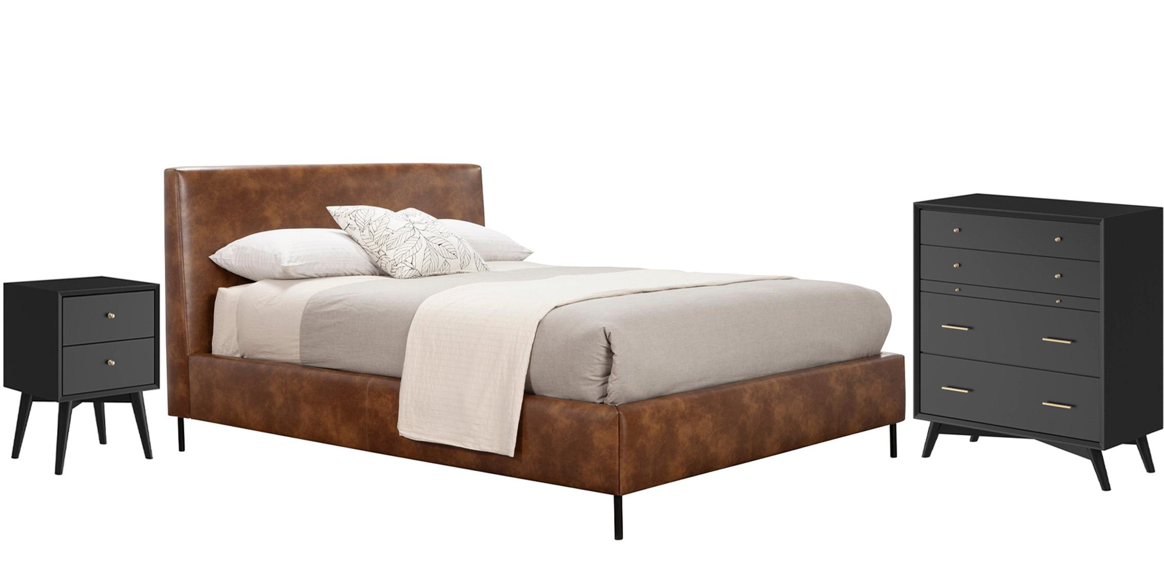 Modern, Rustic Platform Bedroom Set SOPHIA/FLYNN 6902EK-BRN-Set-3-BLK in Brown, Black Faux Leather