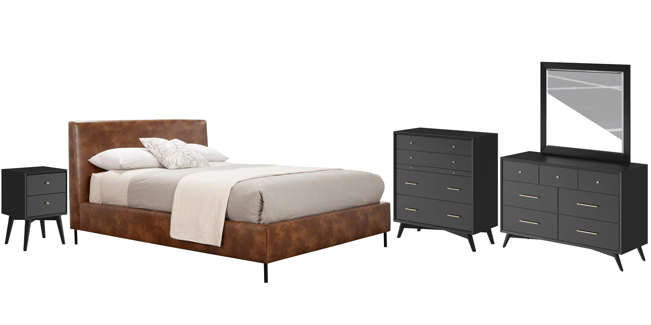 Modern, Rustic Platform Bedroom Set SOPHIA/FLYNN 6902EK-BRN-Set-5-BLK in Brown, Black Faux Leather