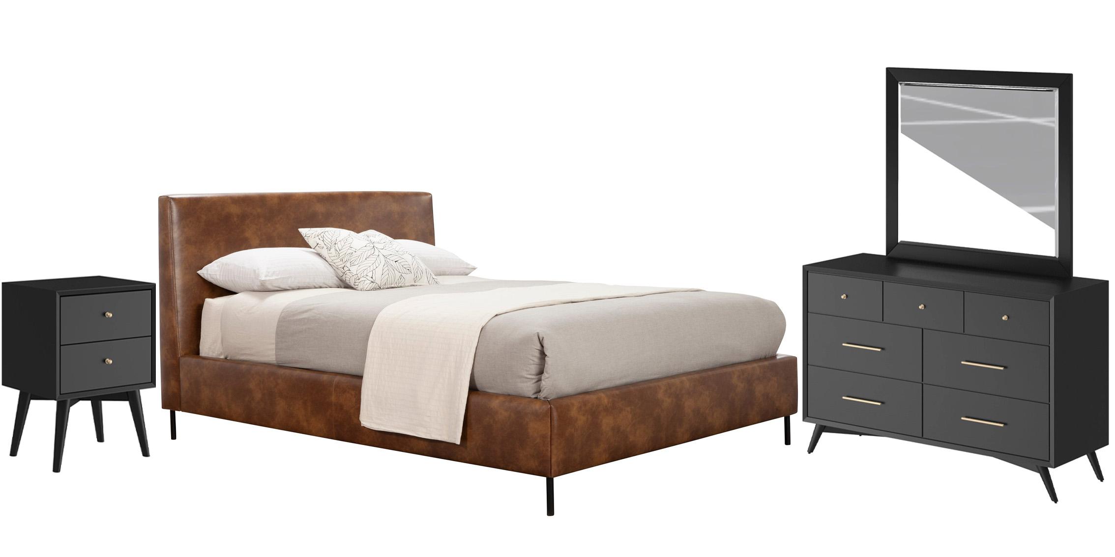 Modern, Rustic Platform Bedroom Set SOPHIA/FLYNN 6902Q-BRN-Set-4-BLK in Brown, Black Faux Leather