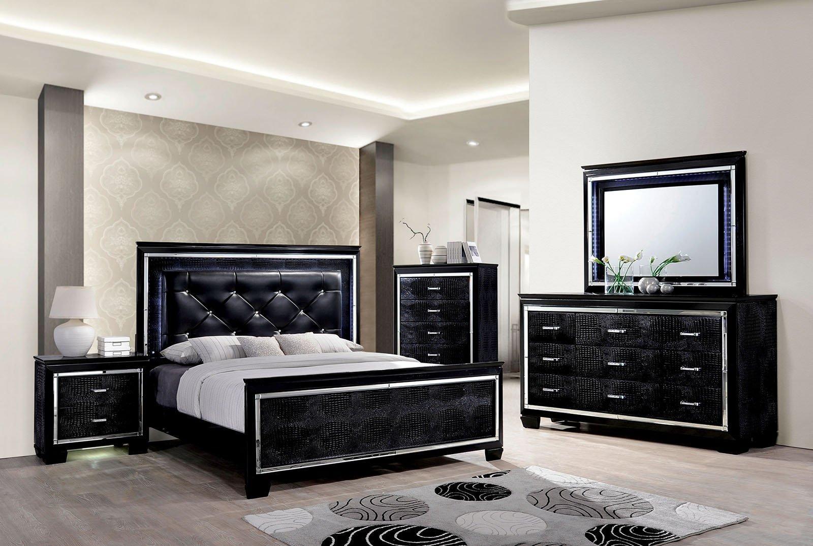 Contemporary Platform Bedroom Set Bellanova CM7979BK-CK-NDMC-5PC in Black Crocodile Texture
