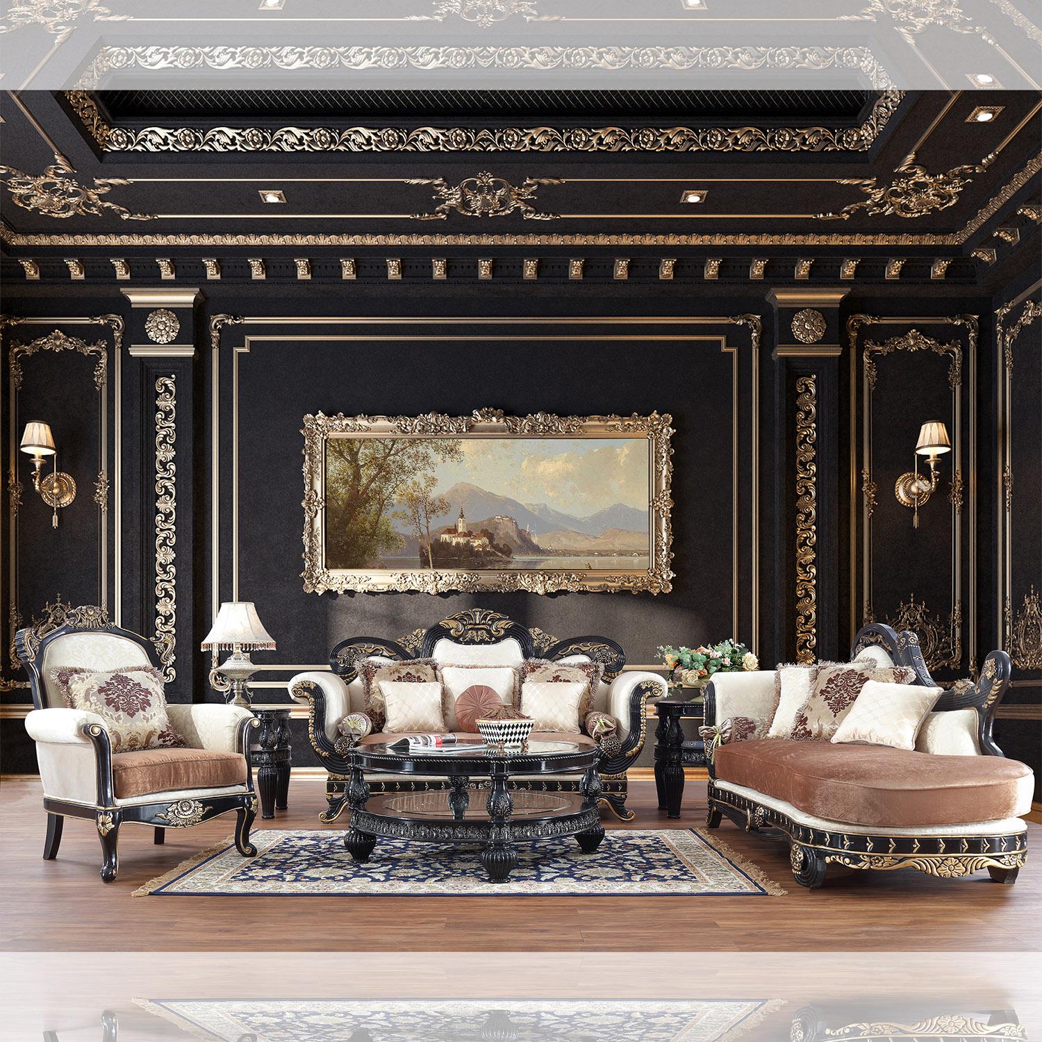 

    
Black Enamel & Antique Gold Finish Sofa Set 4Pcs Traditional Homey Design HD-9666
