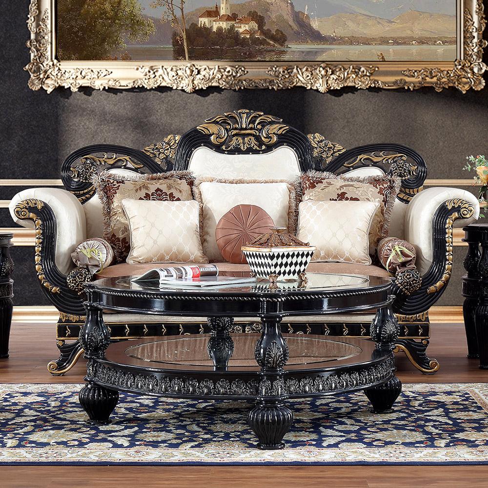 

    
Black Enamel & Antique Gold Finish Sofa Set 4Pcs Traditional Homey Design HD-9666
