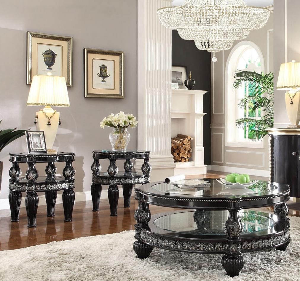 Classic, Traditional Coffee Table Set HD-1208 HD-1208-CTSET3 in Silver, Black Lacquer