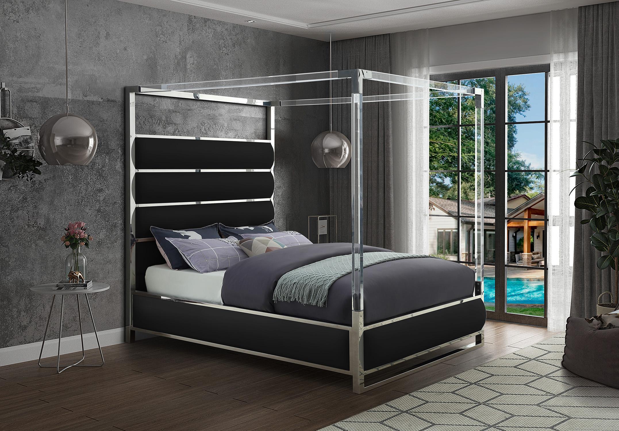 

    
Glam Black Faux Leather & Chrome Canopy King Bed ENCORE Meridian Modern
