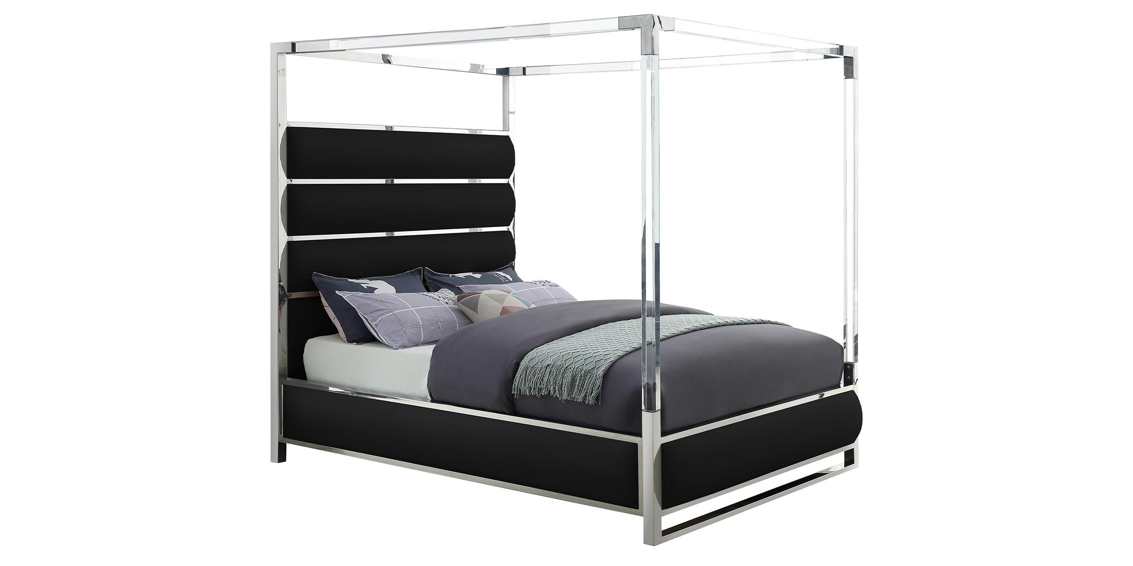 

    
Glam Black Faux Leather & Chrome Canopy Queen Bed ENCORE Meridian Modern
