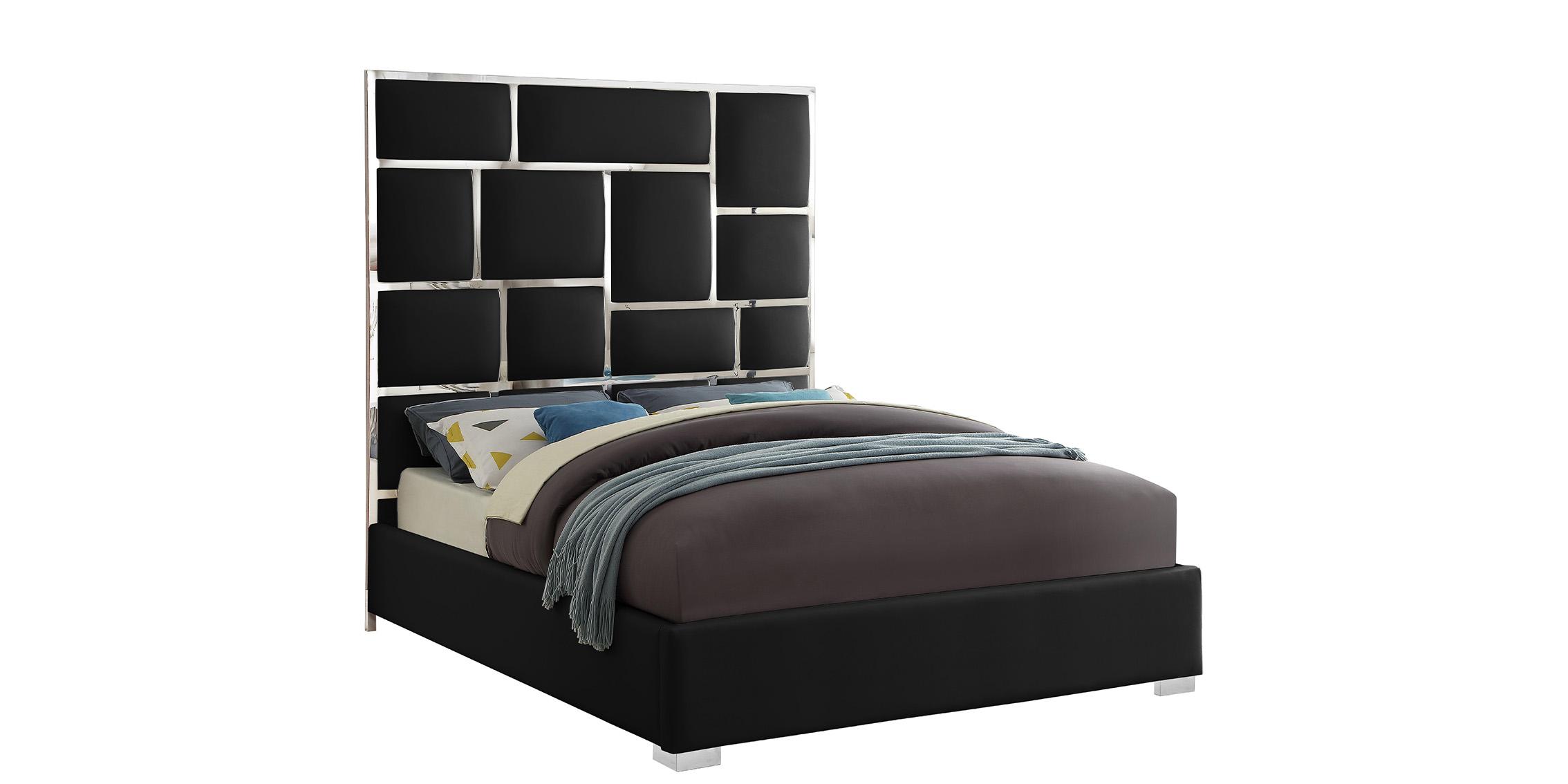 Contemporary Platform Bed MILAN Black-Q MilanBlack-Q in Chrome, Black Faux Leather