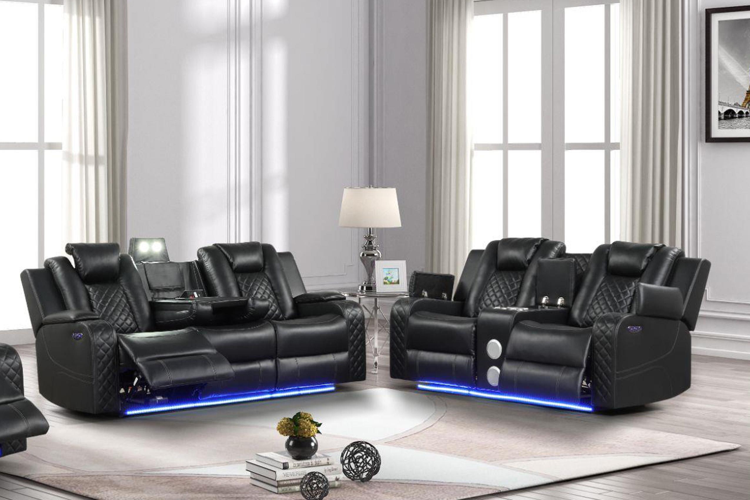 Contemporary, Modern Recliner Sofa Set BENZ Black QB13424839-2PC in Black Faux Leather