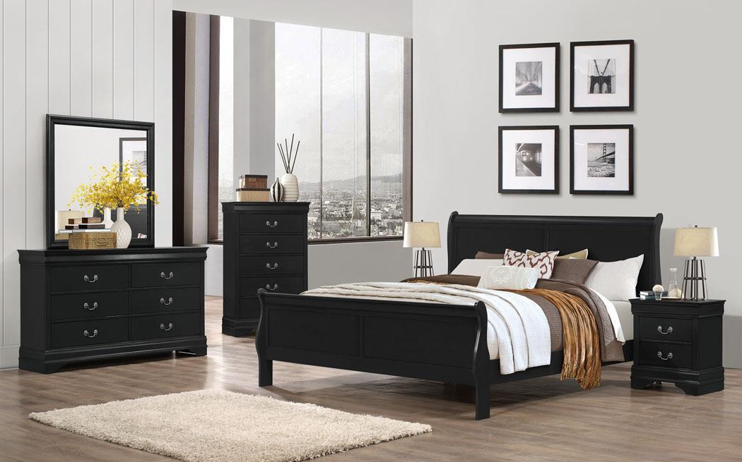 Traditional, Transitional Panel Bed Louis Phillipe Black 1240-105 in Black 