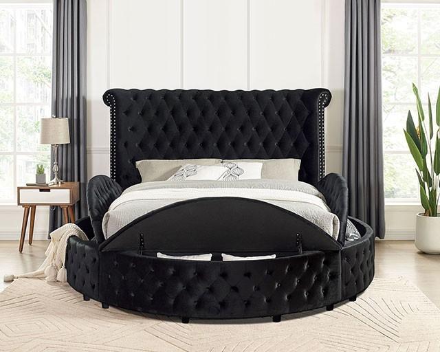 

    
Black Flanette Circular Shape Queen Size Bed Furniture of America Delilah
