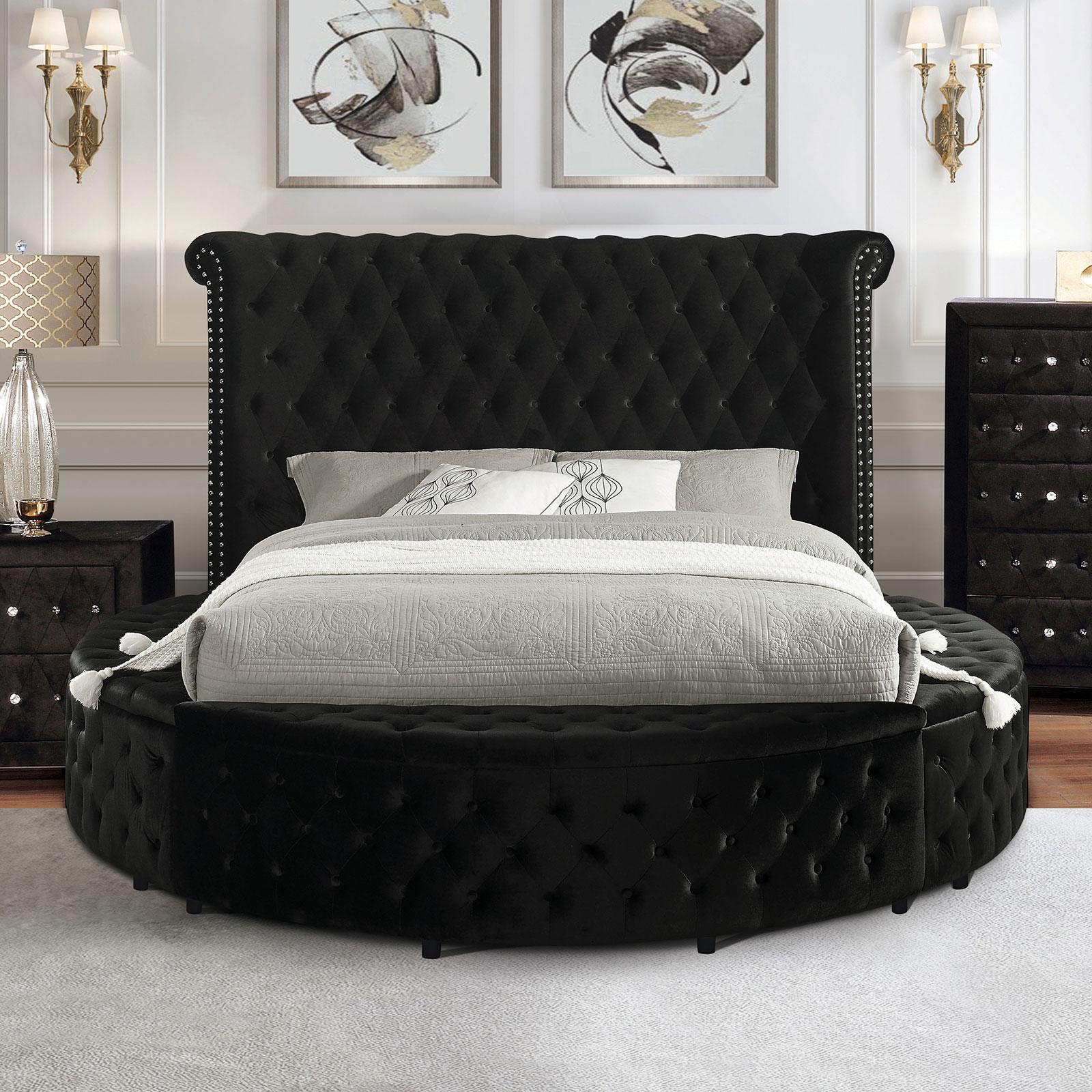 

    
Black Flanette Circular Shape Queen Size Bed Furniture of America Delilah

