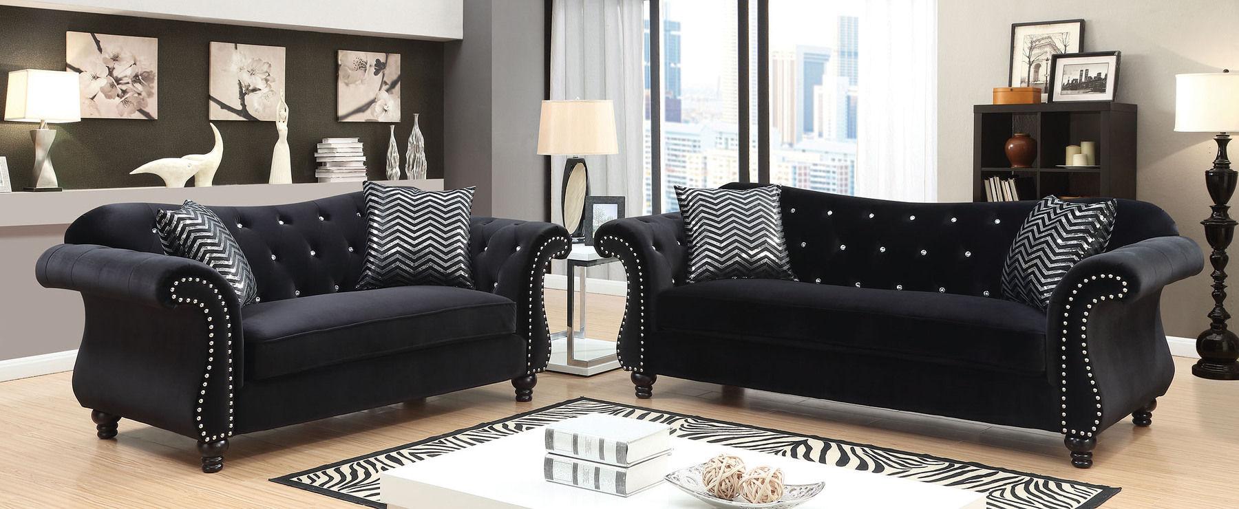 

    
Glam Black Flannelette Living Room Set 3pcs Furniture of America CM6159BK-3PC Jolanda
