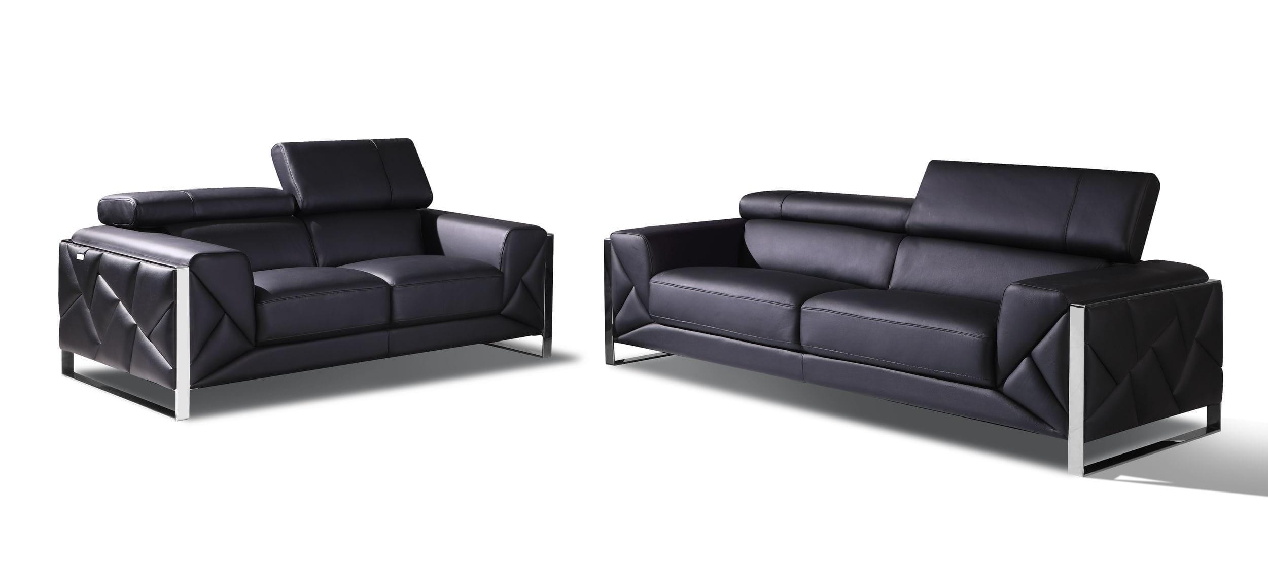 Contemporary Sofa and Loveseat Set 903-BLACK 903-BLACK-2PC in Black Genuine Italian Leatder