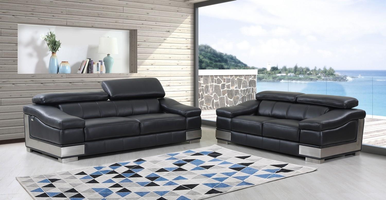 Contemporary Sofa and Loveseat Set 415 415-BLACK-2PC in Black Genuine Leather