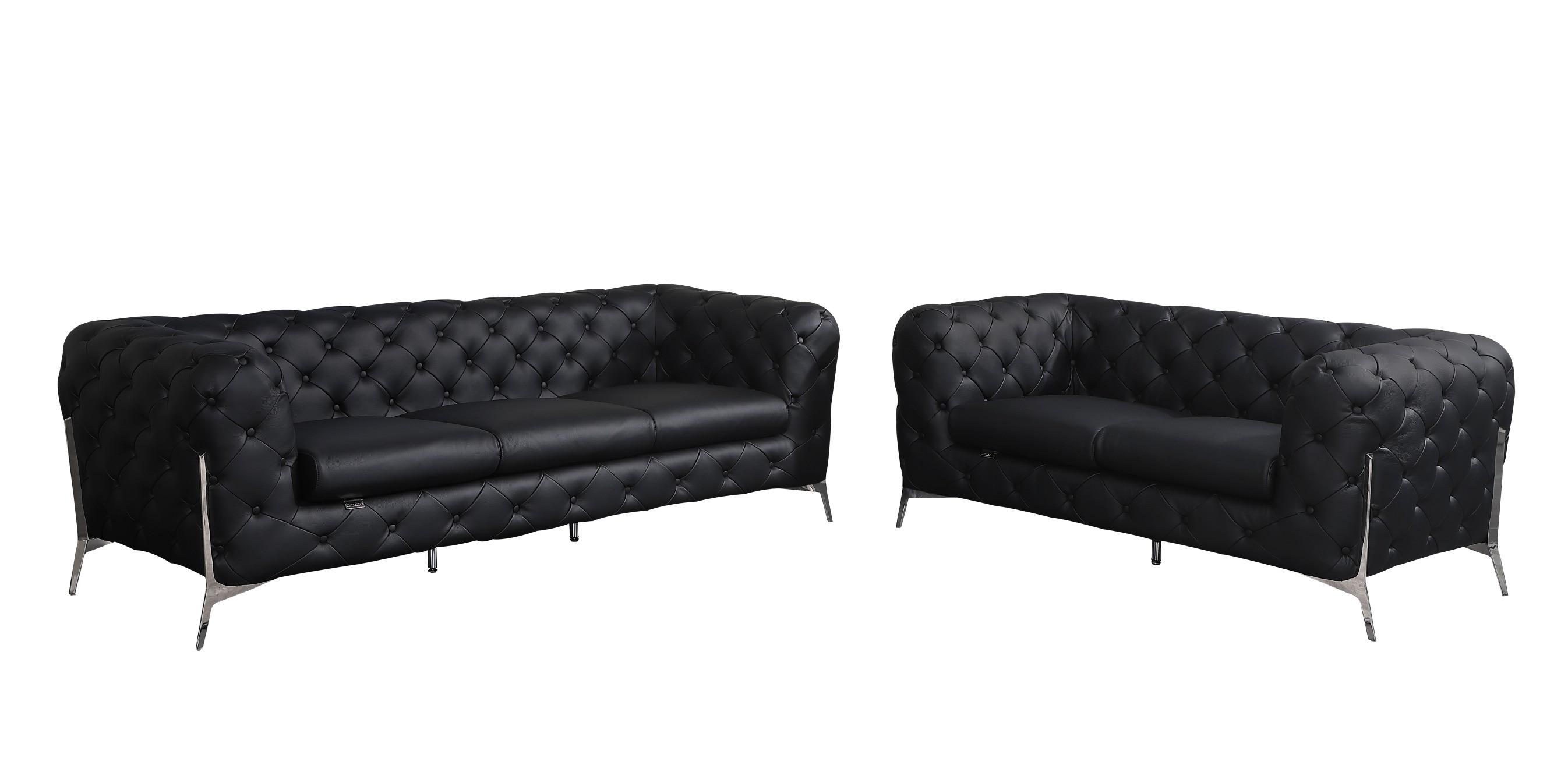 Contemporary Sofa and Loveseat Set 970 970-BLACK-2PC in Black Top grain leather