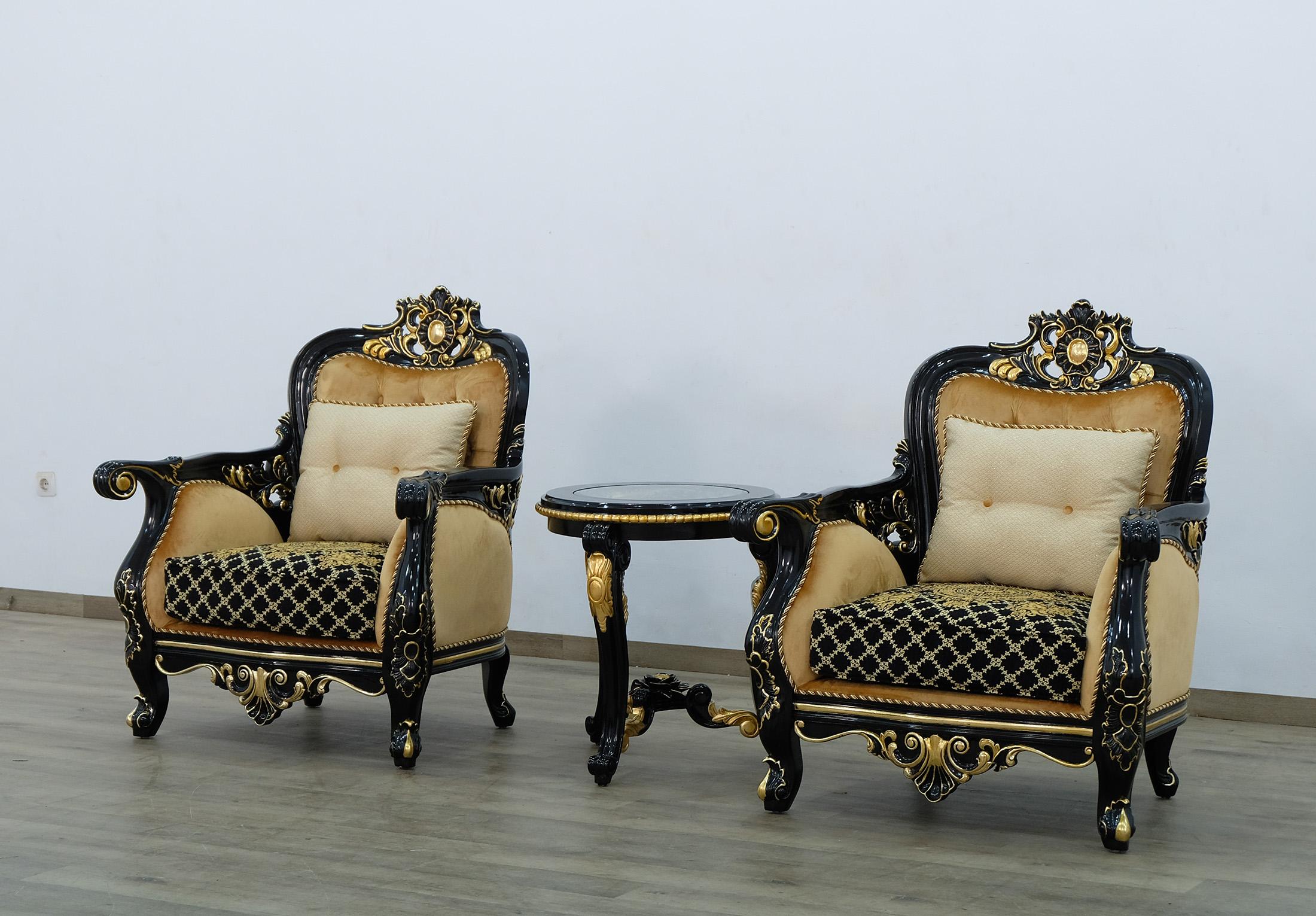 Classic, Traditional Arm Chair Set BELLAGIO III 30019-C-Set-2 in Antique, Gold, Black Velvet