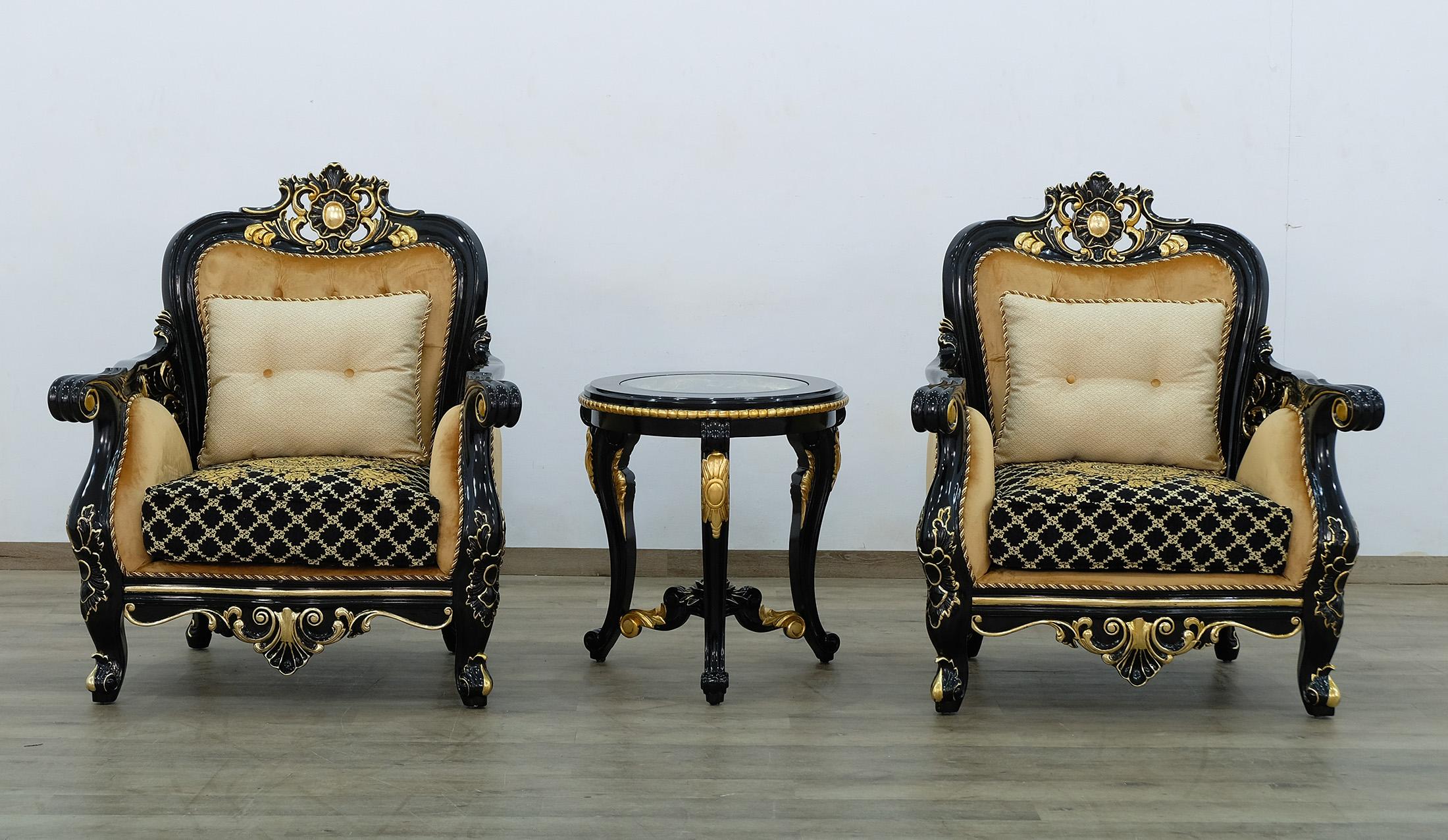 

    
 Order  Classic Black Gold Fabric 30019 BELLAGIO III Arm Chair Set 2Pcs  EUROPEAN FURNITURE
