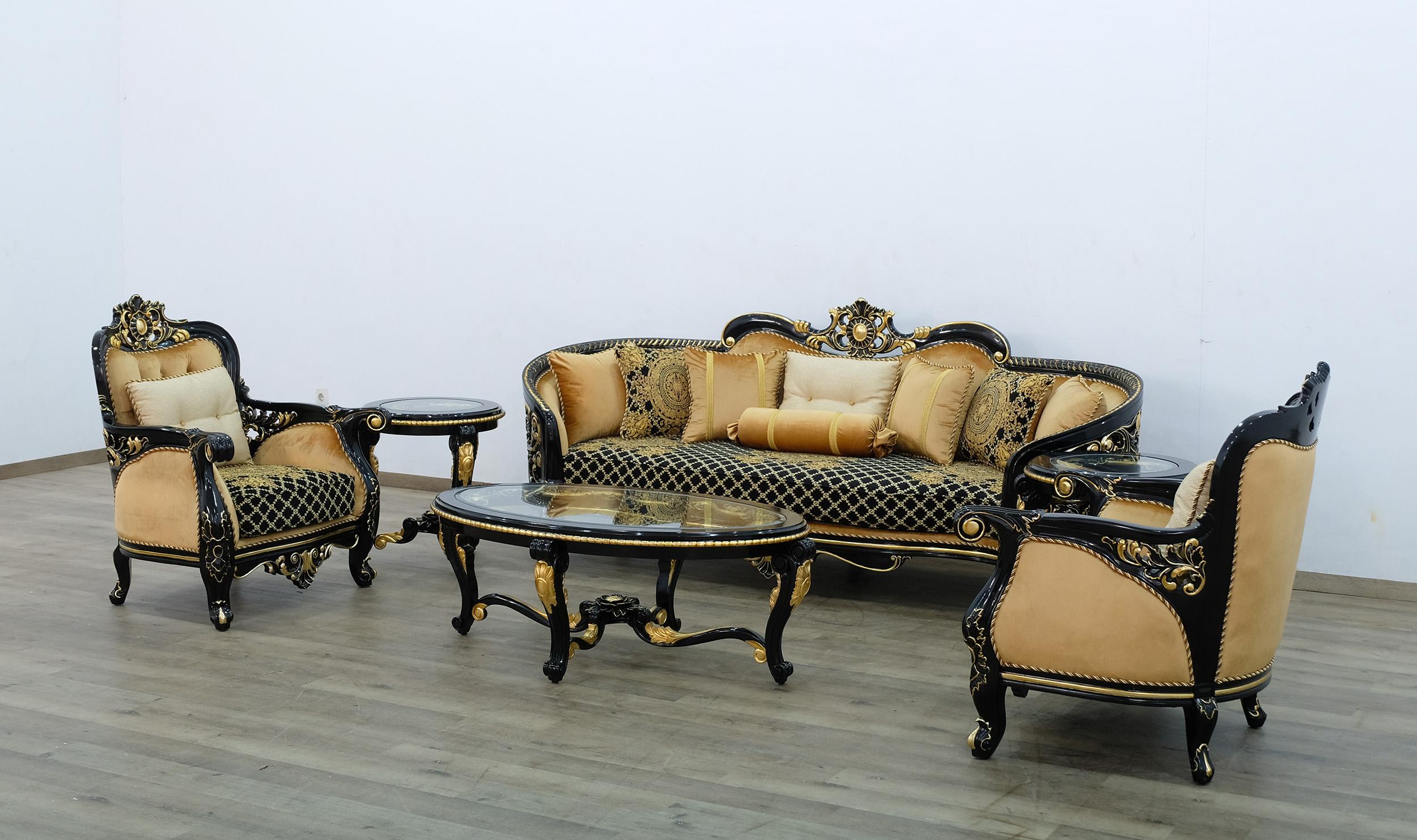 

    
Classic Black Gold Fabric 30019  BELLAGIO III Sofa Set 3 Pcs EUROPEAN FURNITURE
