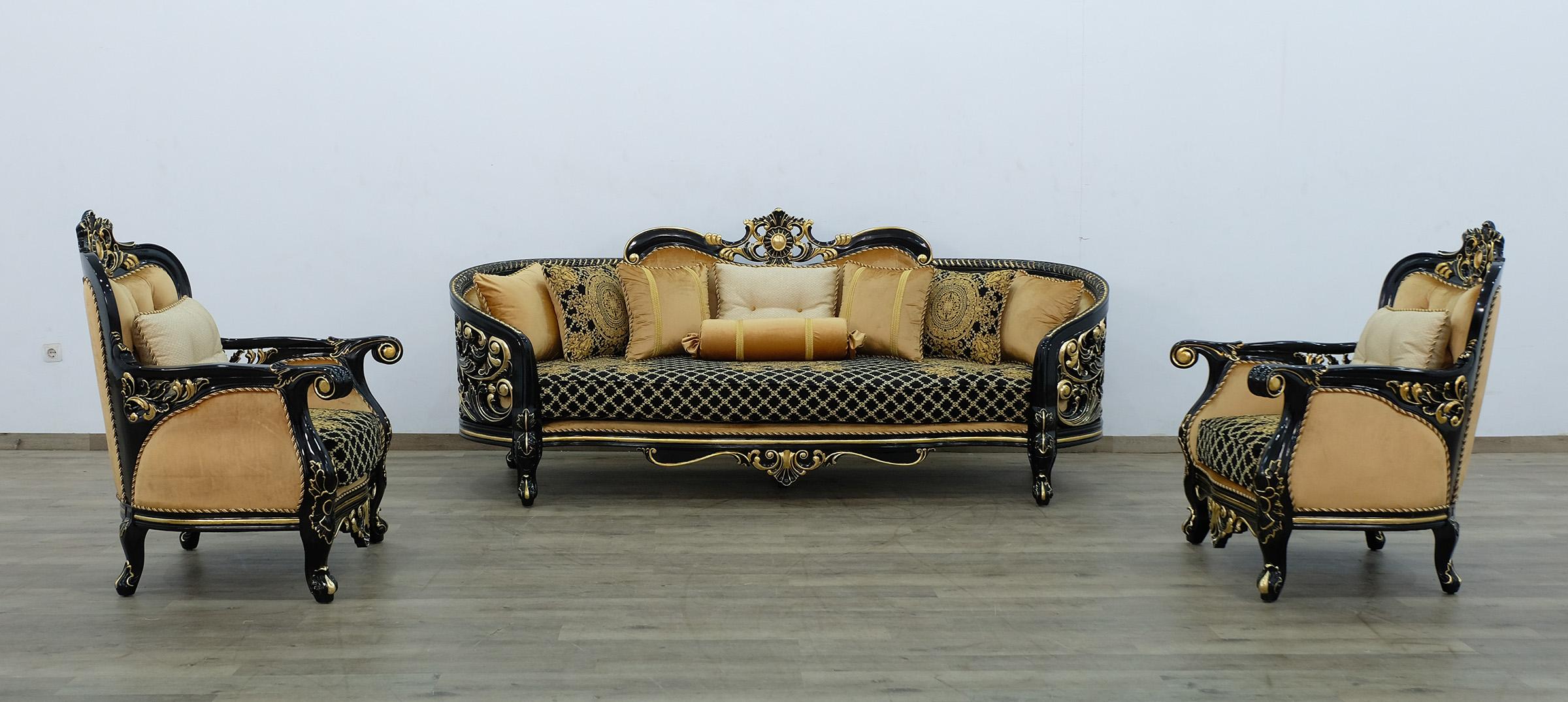 Classic, Traditional Sofa Set BELLAGIO III 30019-S-Set-3 in Antique, Gold, Black Velvet