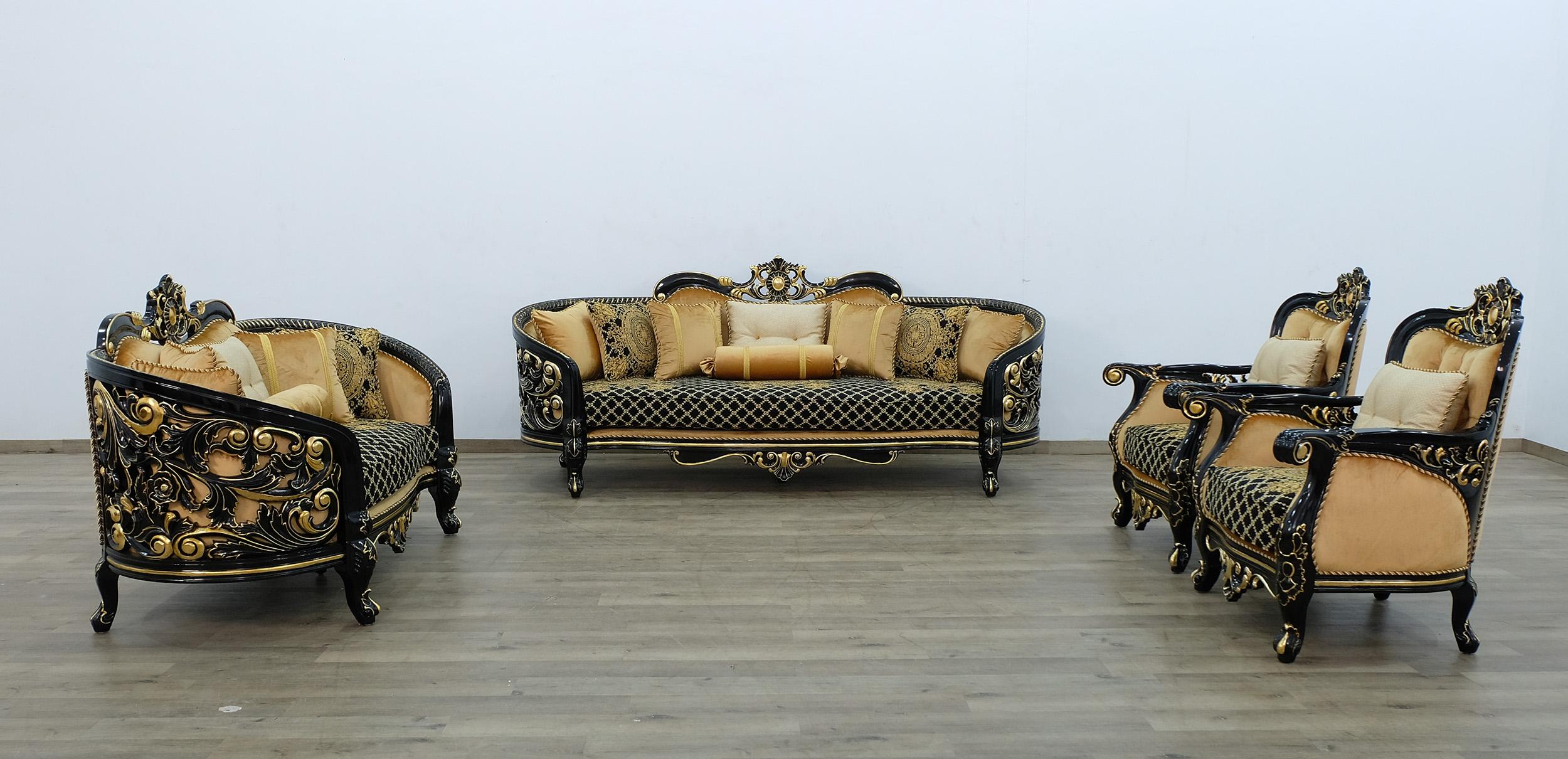 

    
 Order  Classic Black Gold Fabric 30019 BELLAGIO III Sofa Set 4Pcs  EUROPEAN FURNITURE
