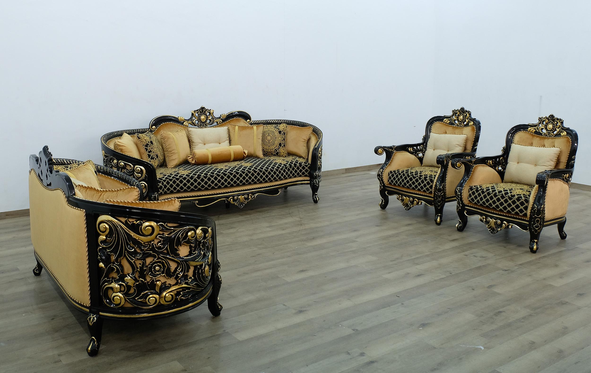 Classic, Traditional Sofa Set BELLAGIO III 30019-S-Set-4 in Antique, Gold, Black Velvet