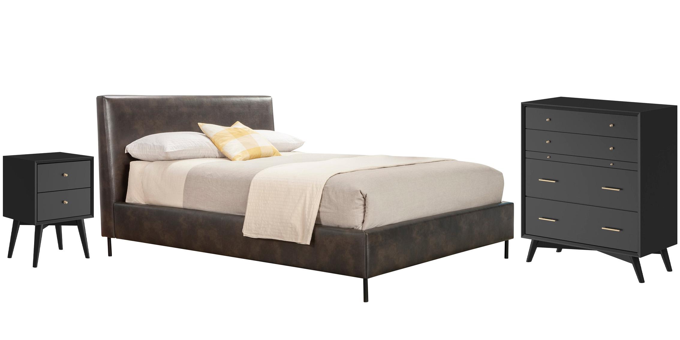 Modern Platform Bedroom Set SOPHIA / FLYNN 6902CK-GRY-Set-3-BLK in Gray, Black Faux Leather