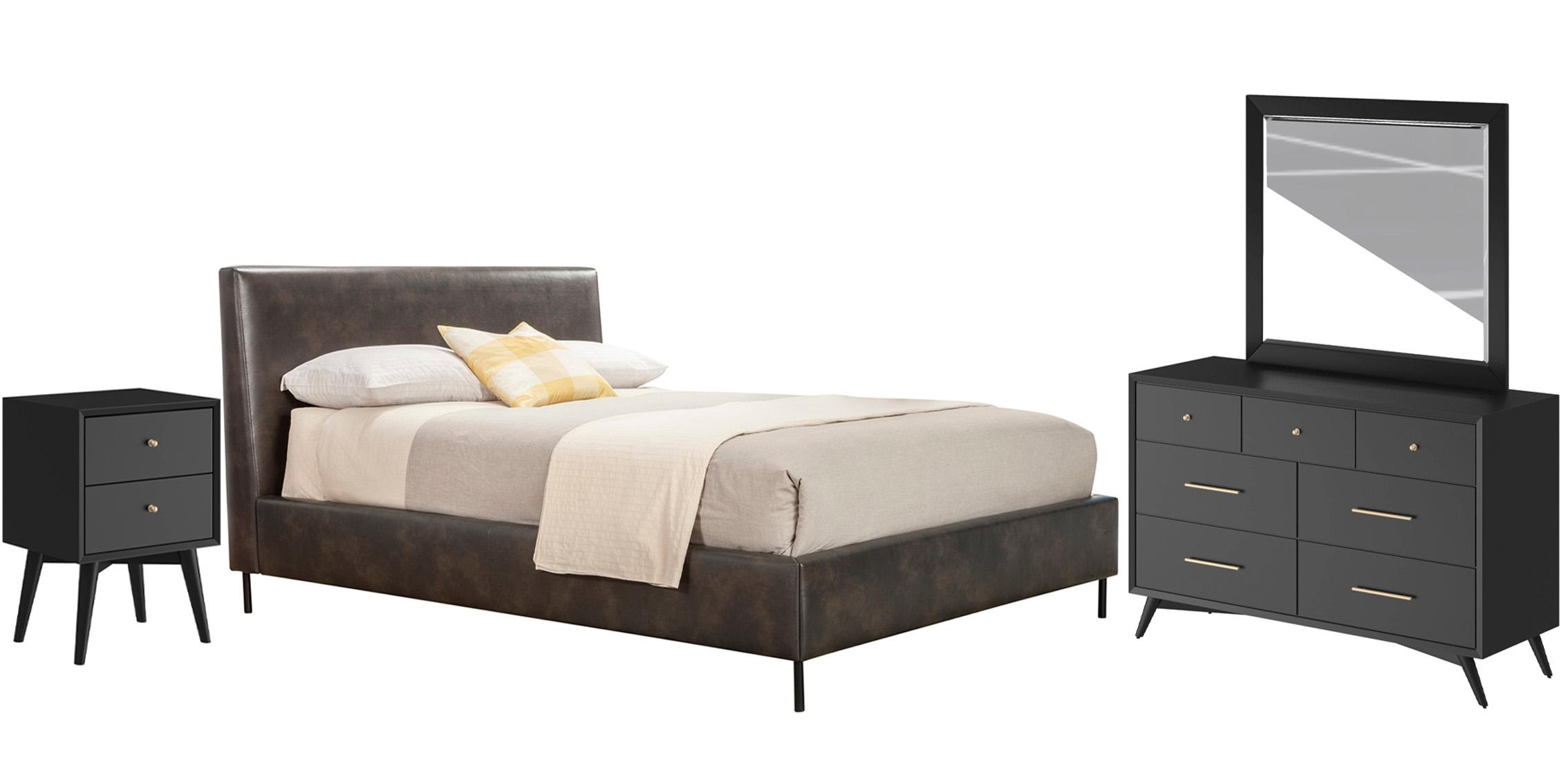 Modern Platform Bedroom Set SOPHIA / FLYNN 6902CK-GRY-Set-4-BLK in Gray, Black Faux Leather
