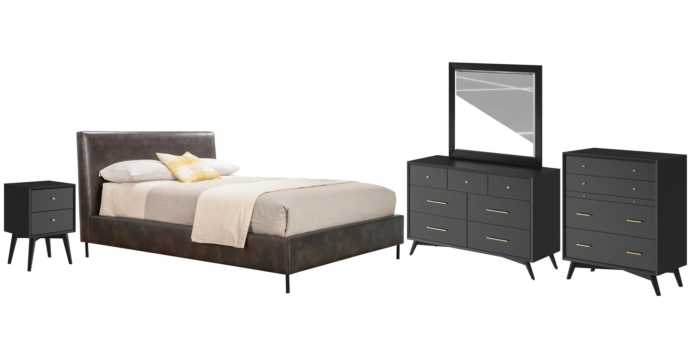 Modern Platform Bedroom Set SOPHIA / FLYNN 6902CK-GRY-Set-5-BLK in Gray, Black Faux Leather