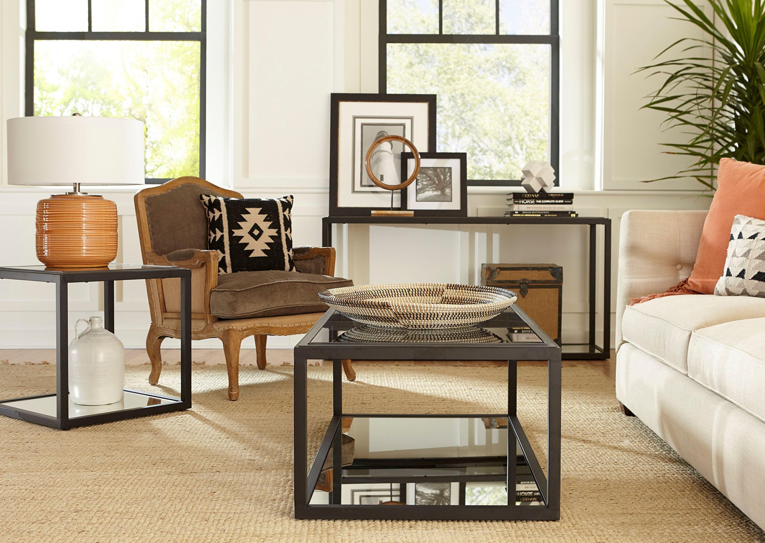 

    
Black Ink Finish Glass Top & Mirrored Shelf Coffee Table Set 2Pcs ELLIS by Modus Furniture
