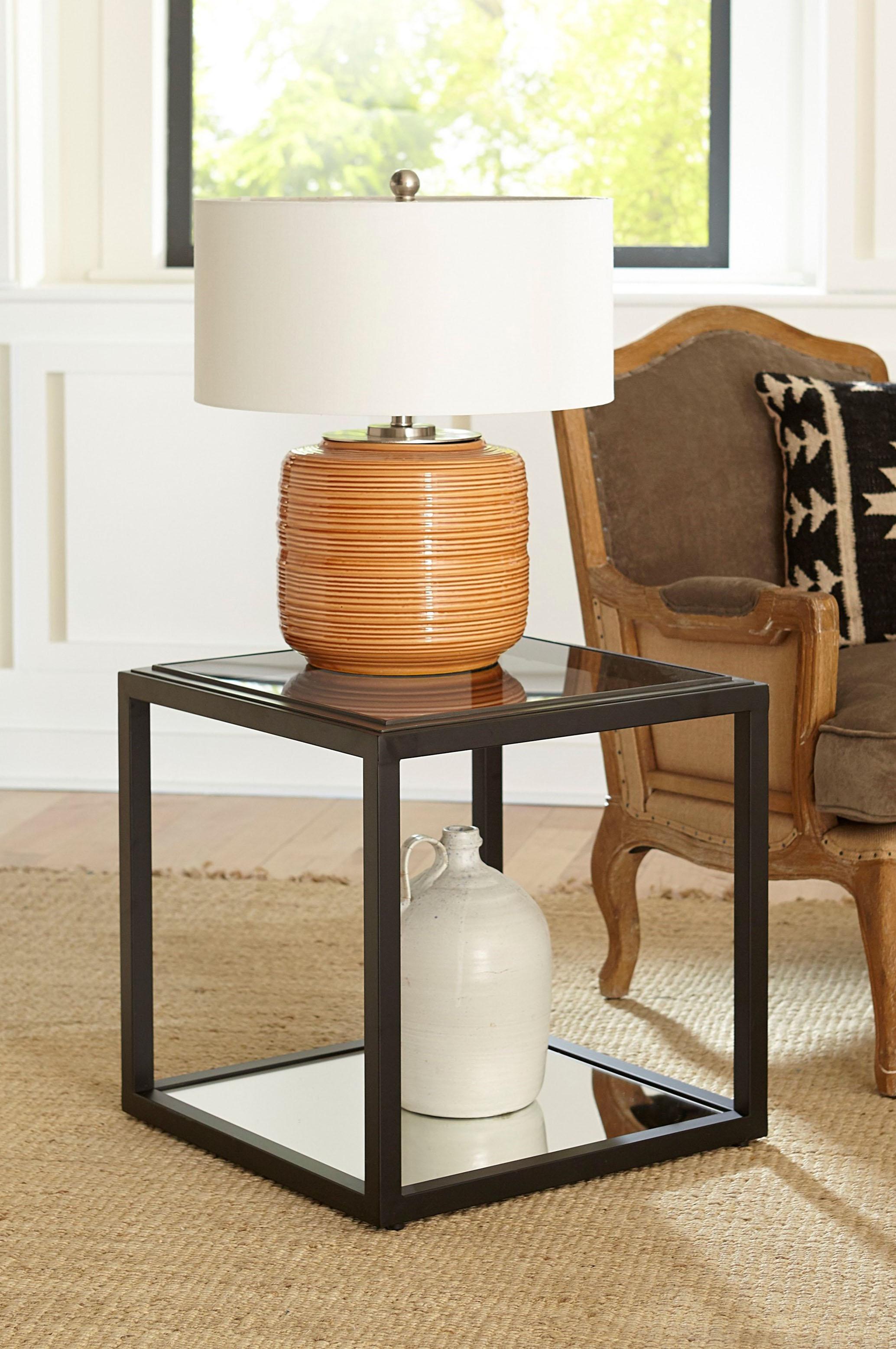 

    
Black Ink Finish Glass Top & Mirrored Shelf End Table ELLIS by Modus Furniture
