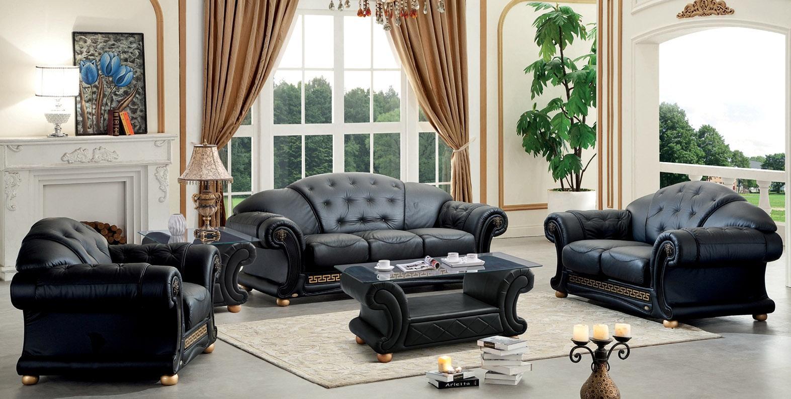 Traditional Sofa Loveseat Chair V.Cleopatra APOLO-Black-3-set in Black Leather