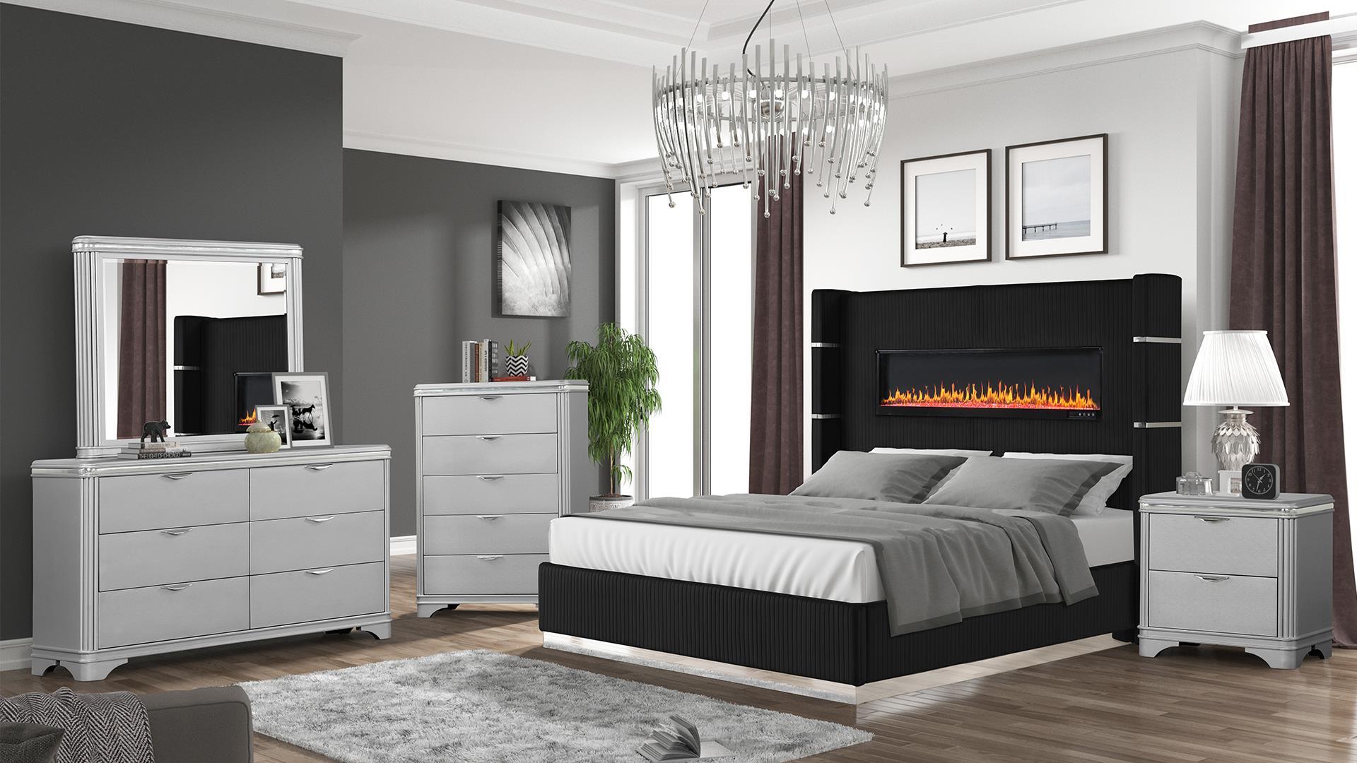Contemporary, Modern Platform Bedroom Set LIZELLE Black LIZELLE-BLK-EK-NDM-4PC in Black Velvet