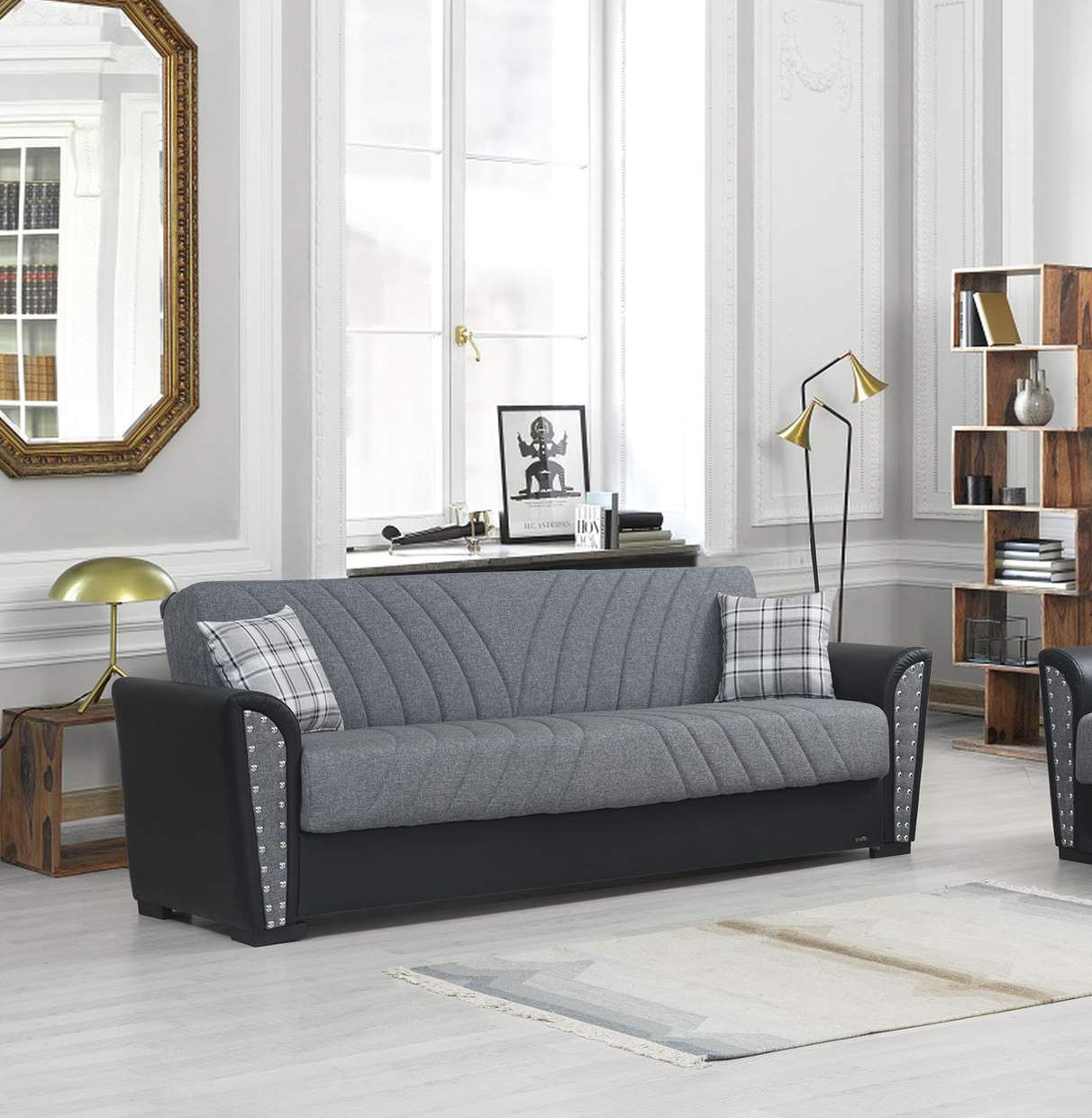 

    
Black Leather Arm & Gray Fabric Sofa Bed Modern Alpha Furniture Salinas
