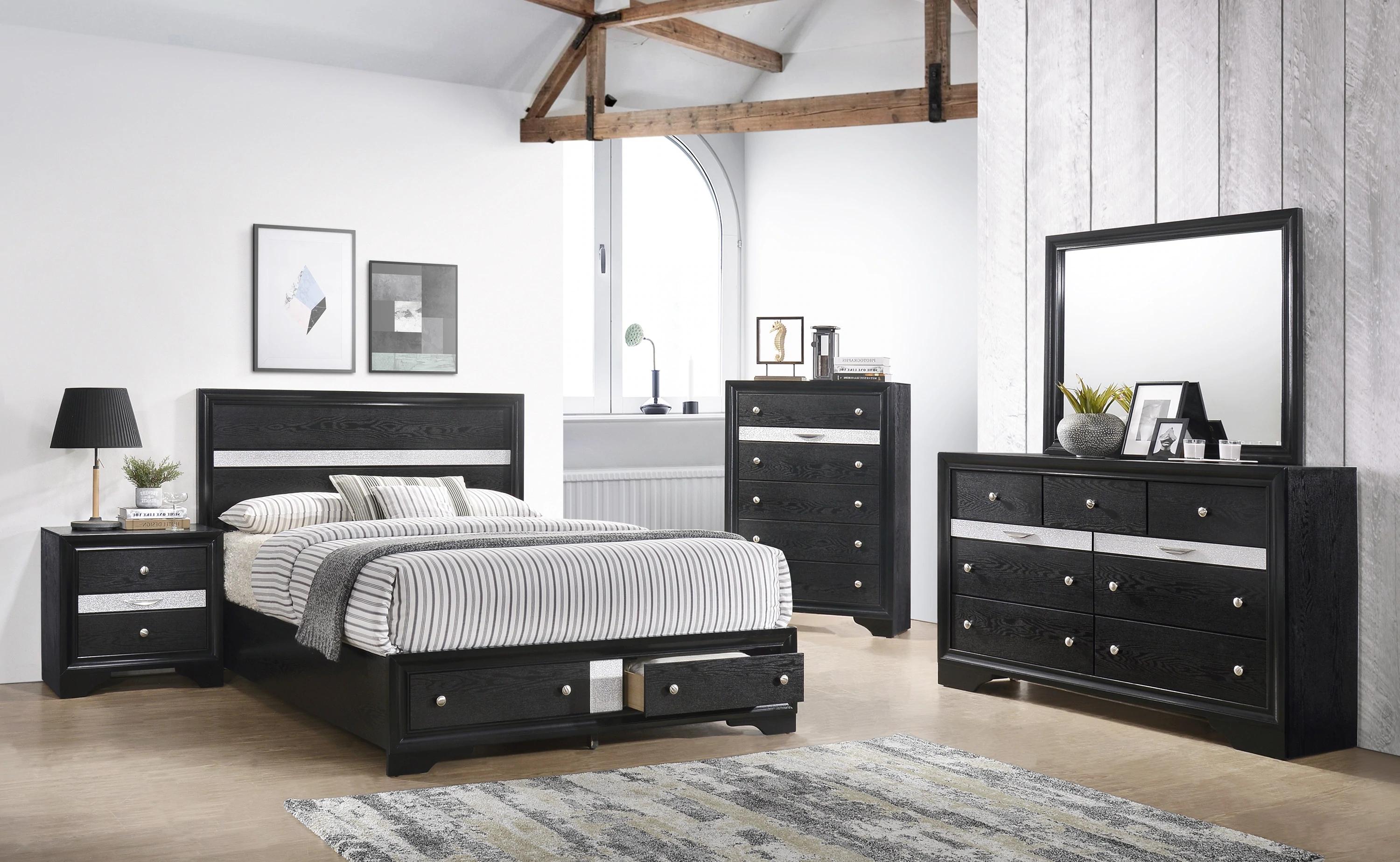 Modern Panel Bedroom Set Regata B4670-Q-Bed-5pcs in Black 