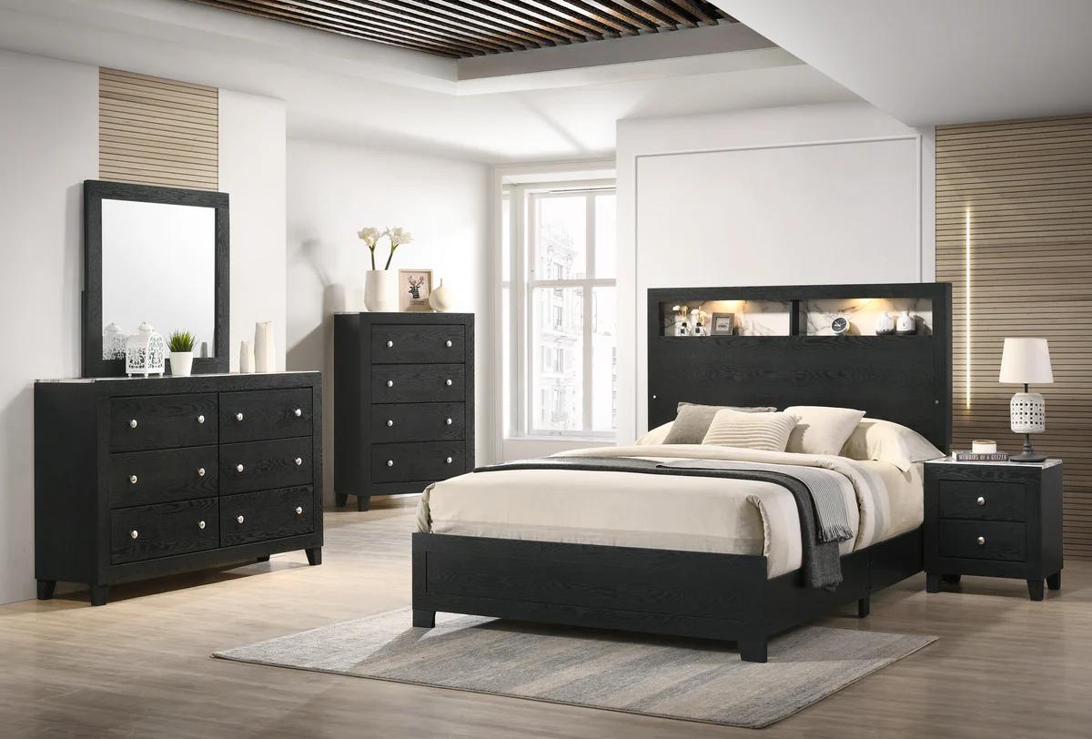 

    
Black Panel Bedroom Set w/ LED by Crown Mark Cadence B4510-Q-Bed-5pcs
