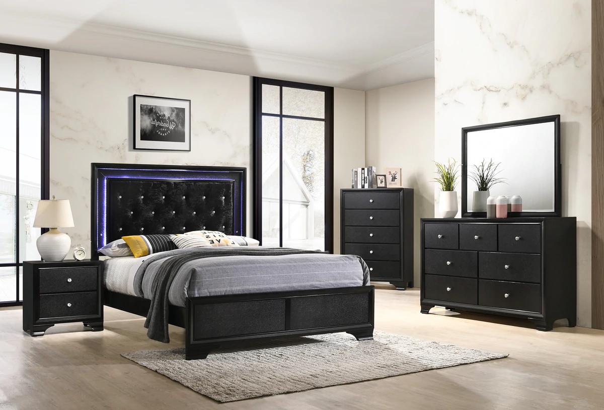

    
Black Panel Bedroom Set w/ LED Lights by Crown Mark Micah B4350-Q-Bed-5pcs
