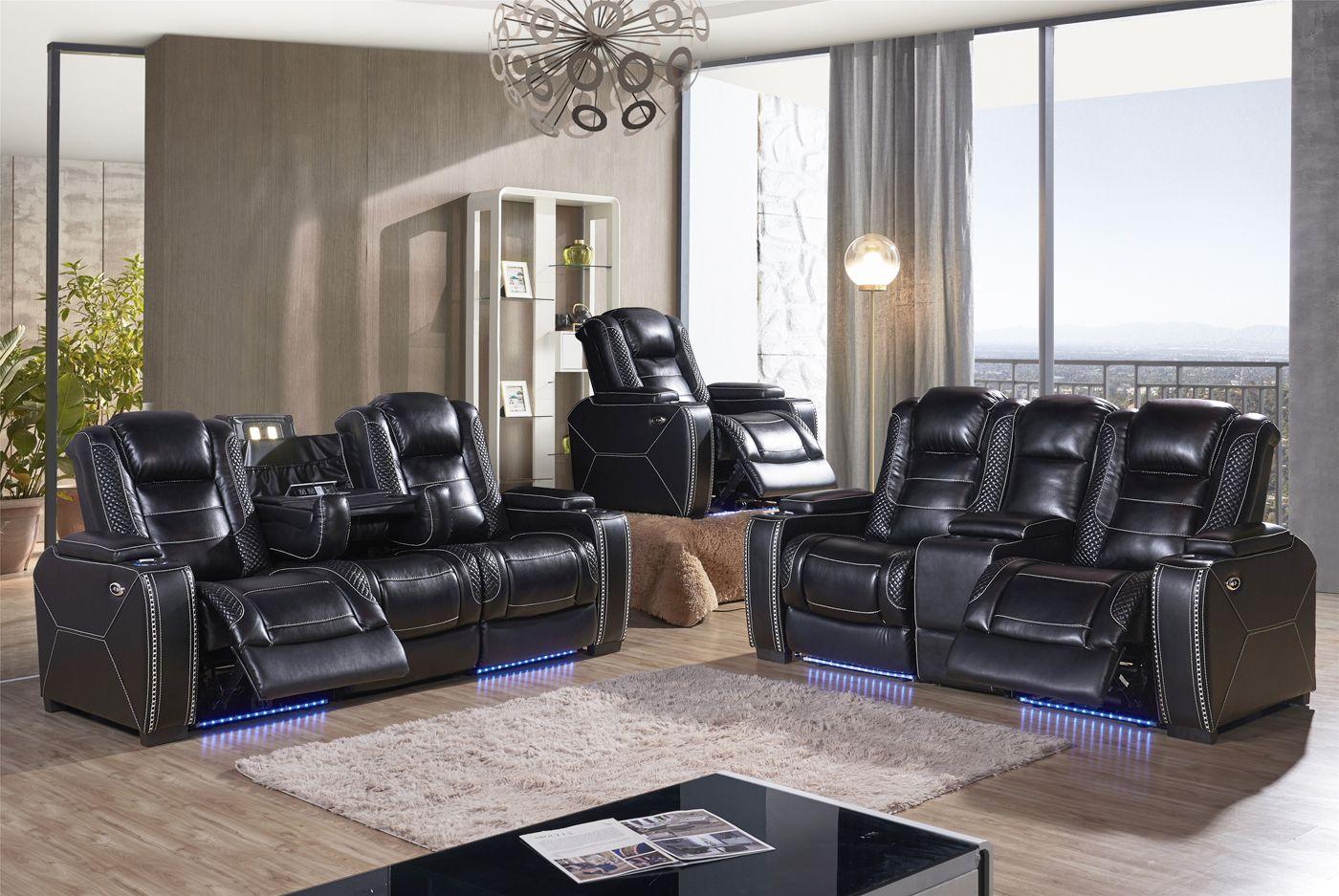

    
Black Leather Air & LED Lights Power Reclining Sofa Contemporary McFerran SF3816
