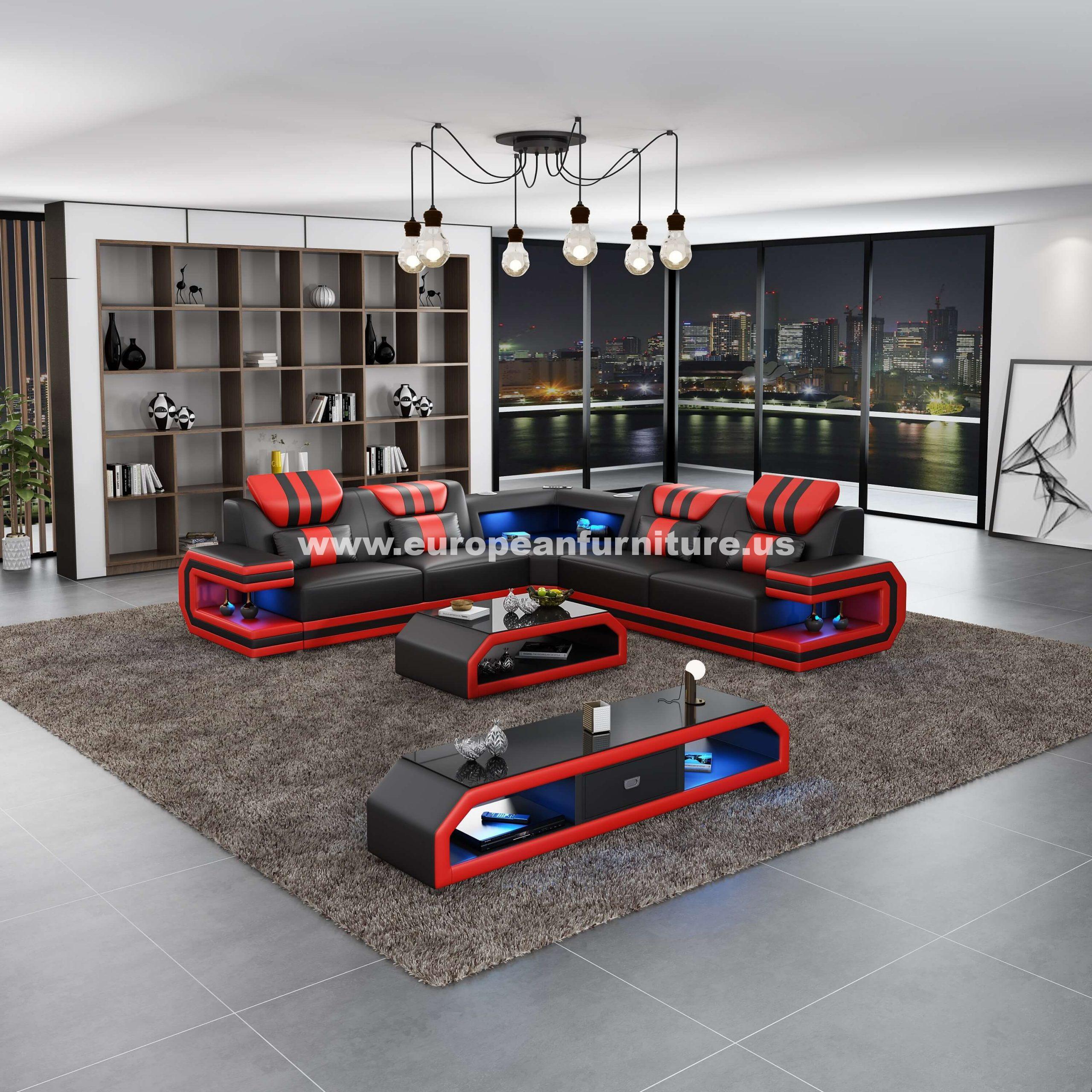 Black Red Italian Leather Sectional
