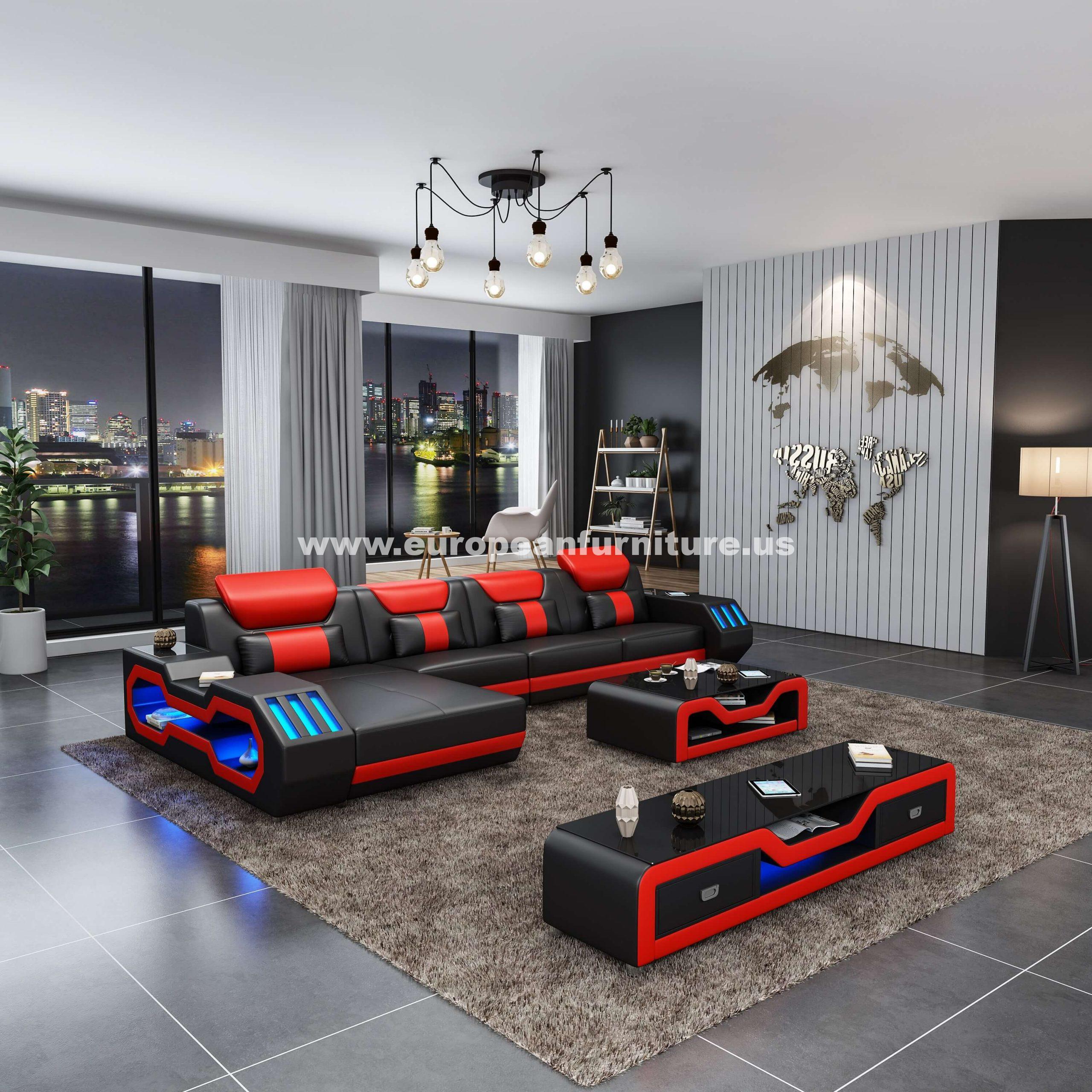 Contemporary, Modern Sectional Sofa STARFIGHTER LED-BR-85552-LHF in Red, Black Italian Leather