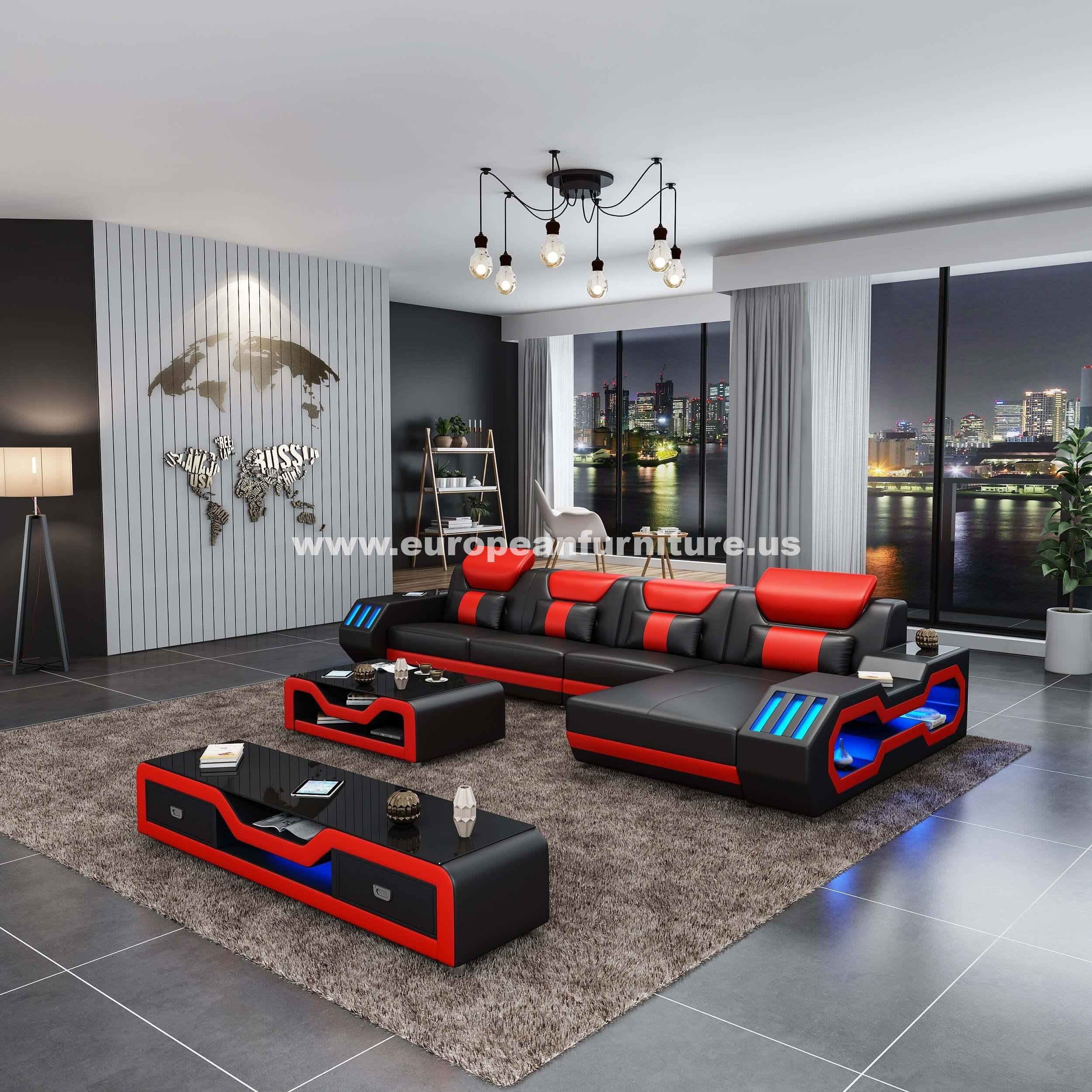 Contemporary, Modern Sectional Sofa STARFIGHTER LED-BR-85553-RHF in Red, Black Italian Leather