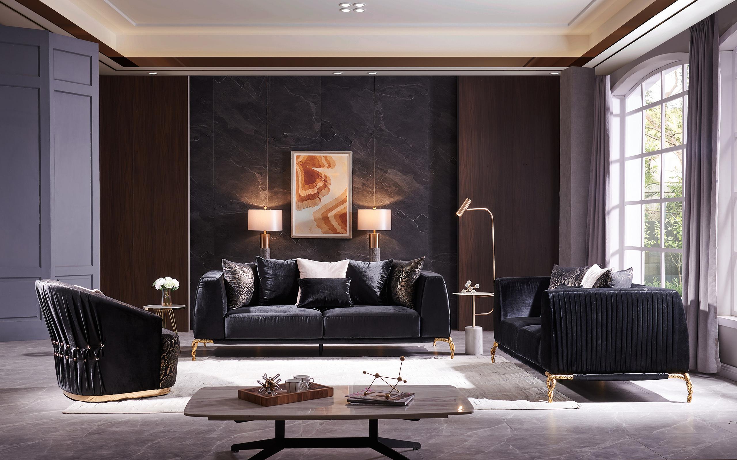 

    
 Shop  Black Shiny Thick Velvet Sofa Set 2Pc Majestic Galaxy Home Modern
