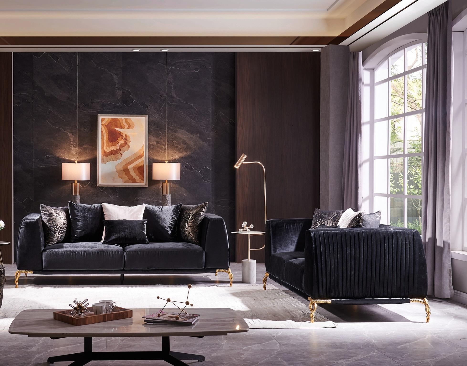 

    
Black Shiny Thick Velvet Sofa Set 2Pc Majestic Galaxy Home Modern
