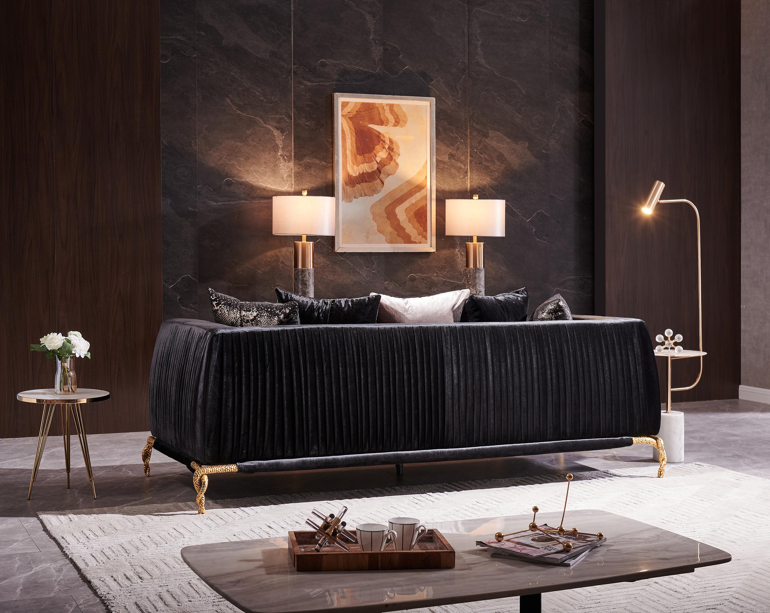 

    
 Photo  Black Shiny Thick Velvet Sofa Set 3Pc Majestic Galaxy Home Modern
