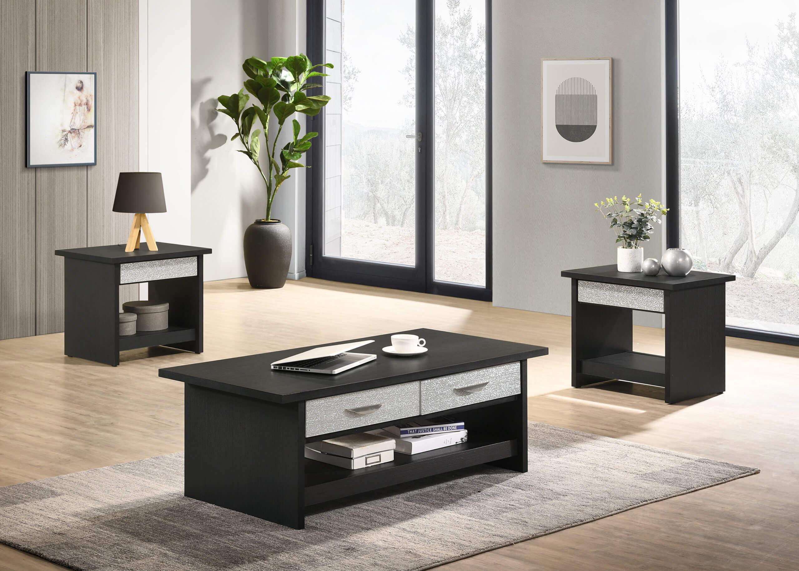 Modern Coffee Table and 2 End Tables Camryn 4712SET in Silver, Black 