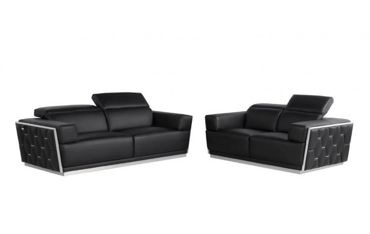 Contemporary Sofa and Loveseat Set 1111 1111-BLACK-2PC in Black Genuine Leather
