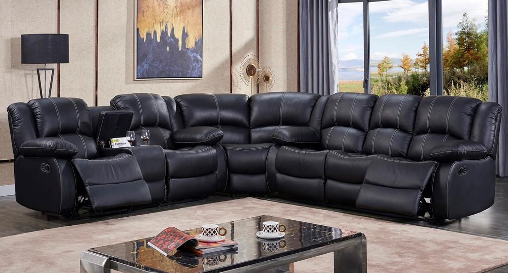 

    
Black Top Grain Leather Match Reclining Sectional w/Cup Holders McFerran SF3596
