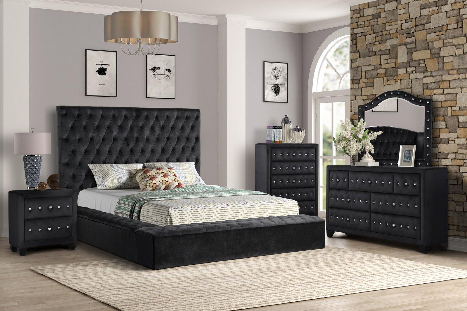 

    
Black Velvet Button Tufted King Storage Bed Set 4Pcs NORA Galaxy Home Modern
