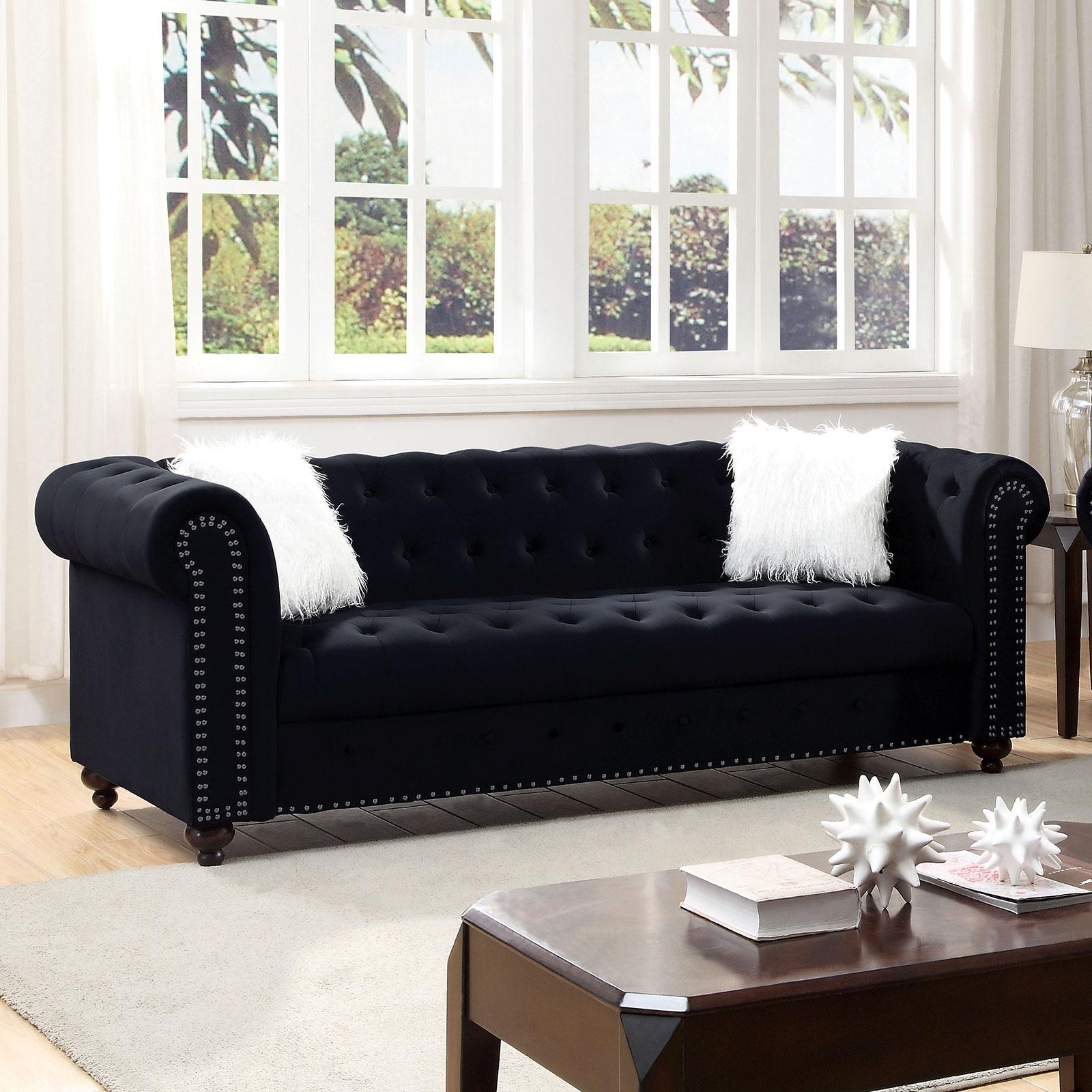

    
Glam Black Velvet-Like Fabric Living Room Set 3pcs Furniture of America Giacomo
