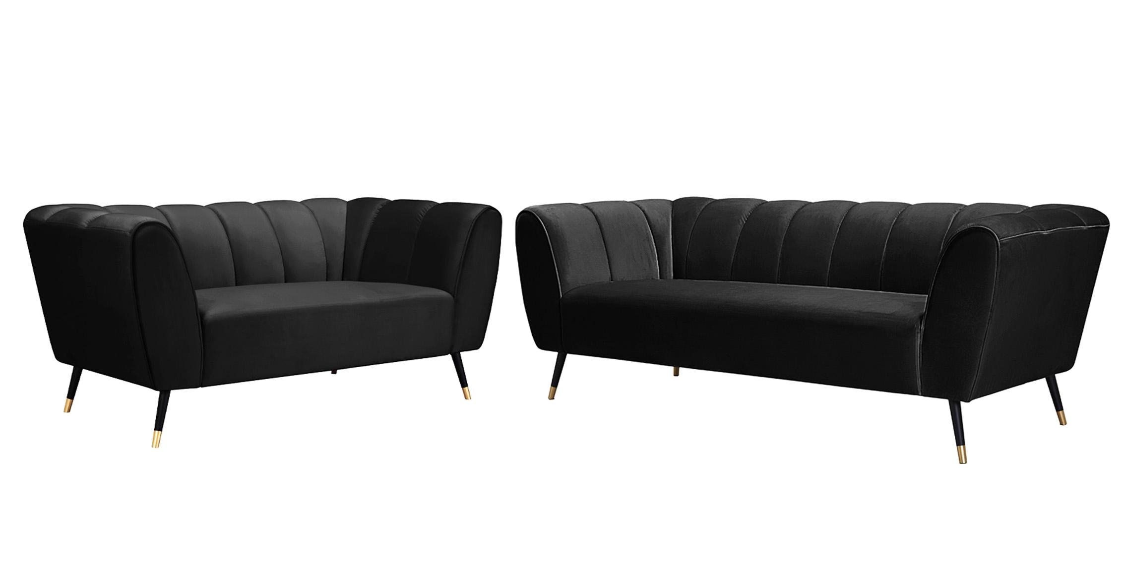 

    
Black Velvet Channel Tufted Sofa Set 2Pcs BEAUMONT Meridian Contemporary Modern
