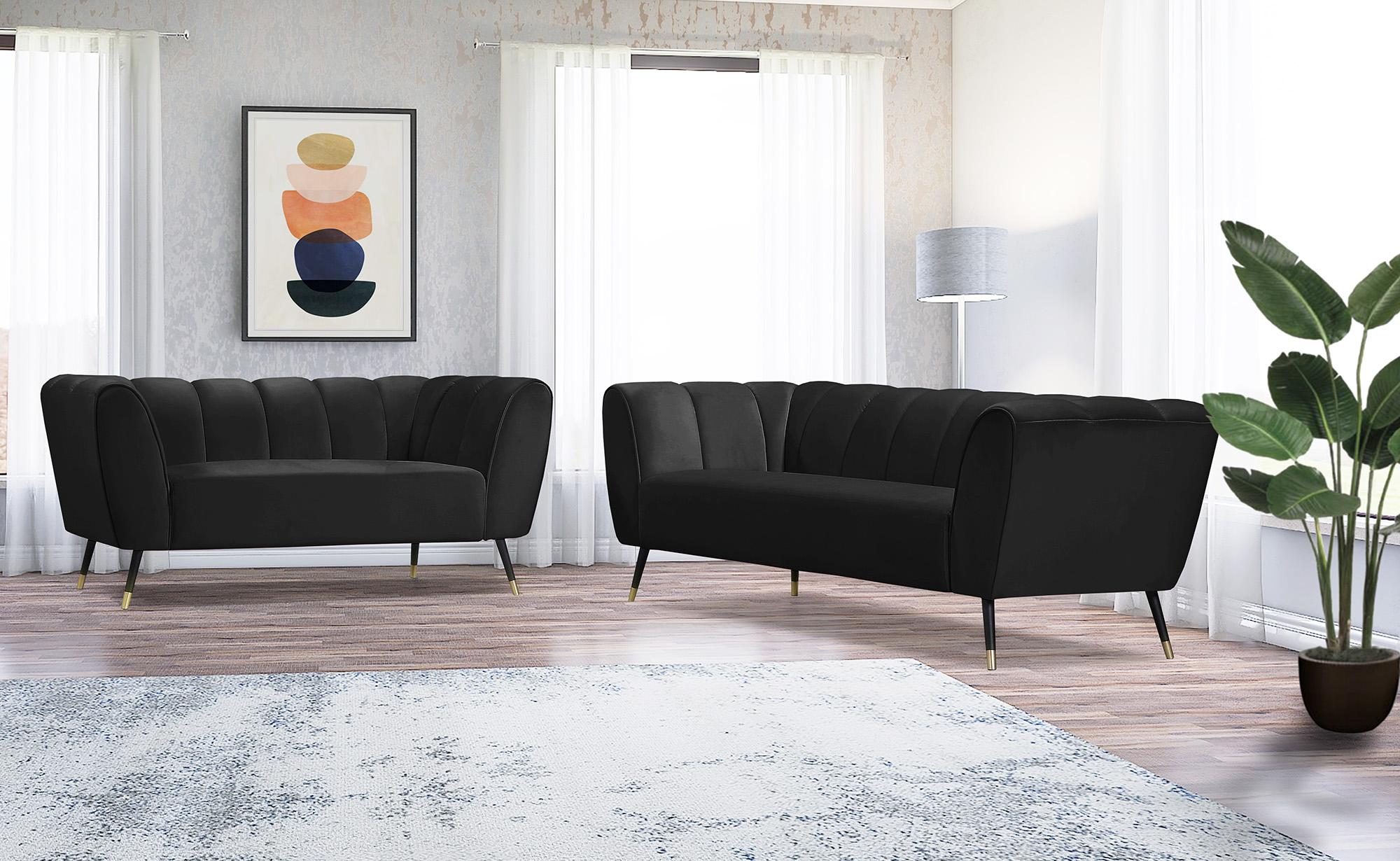 

    
Black Velvet Channel Tufted Sofa Set 2Pcs BEAUMONT Meridian Contemporary Modern
